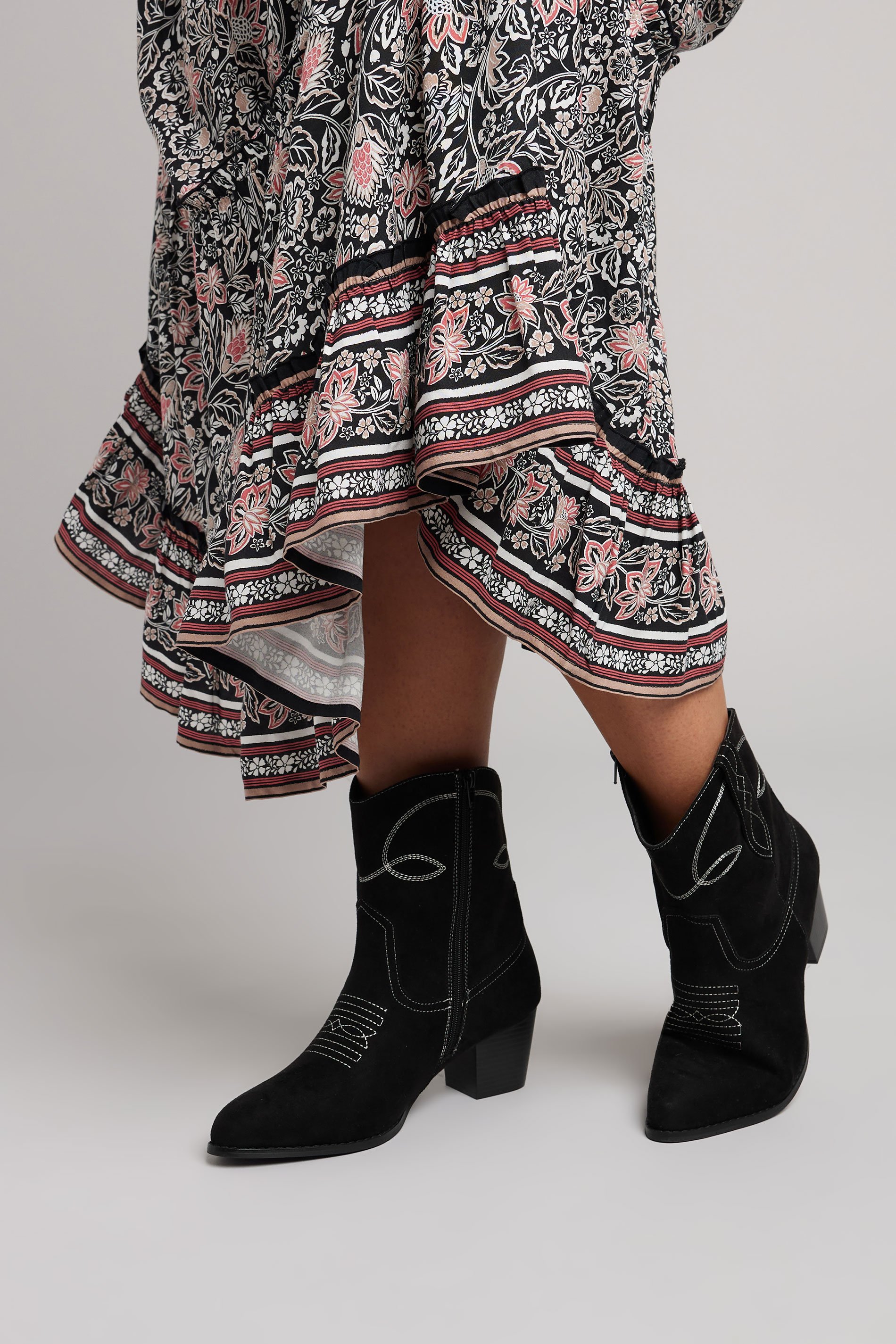 Black Faux Suede Contrast Stitch Western Heel Ankle Boots In Extra Wide EEE Fit | Yours Clothing 2