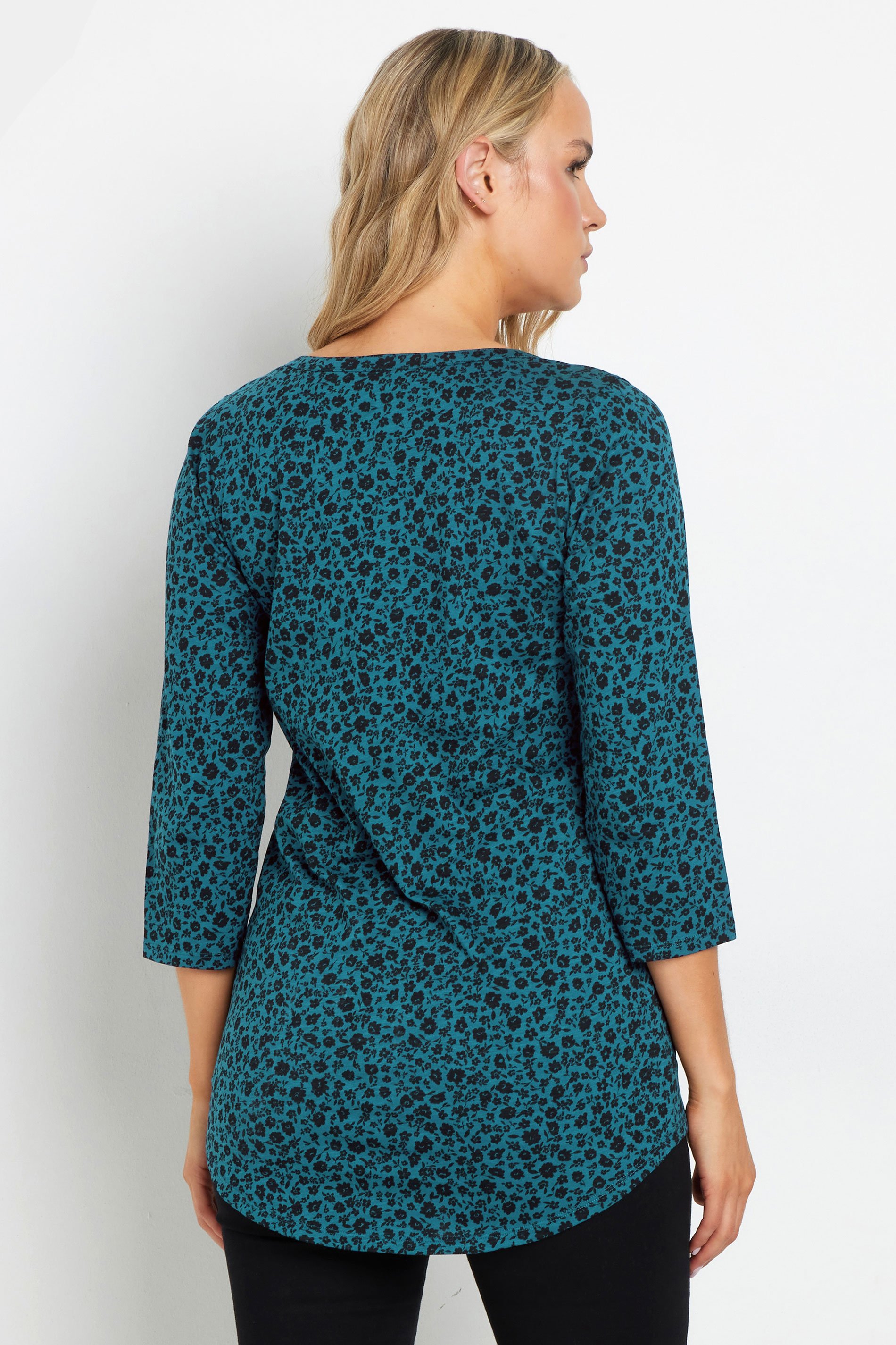 LTS Tall Teal Blue Ditsy Floral Henley Top | Long Tall Sally 3