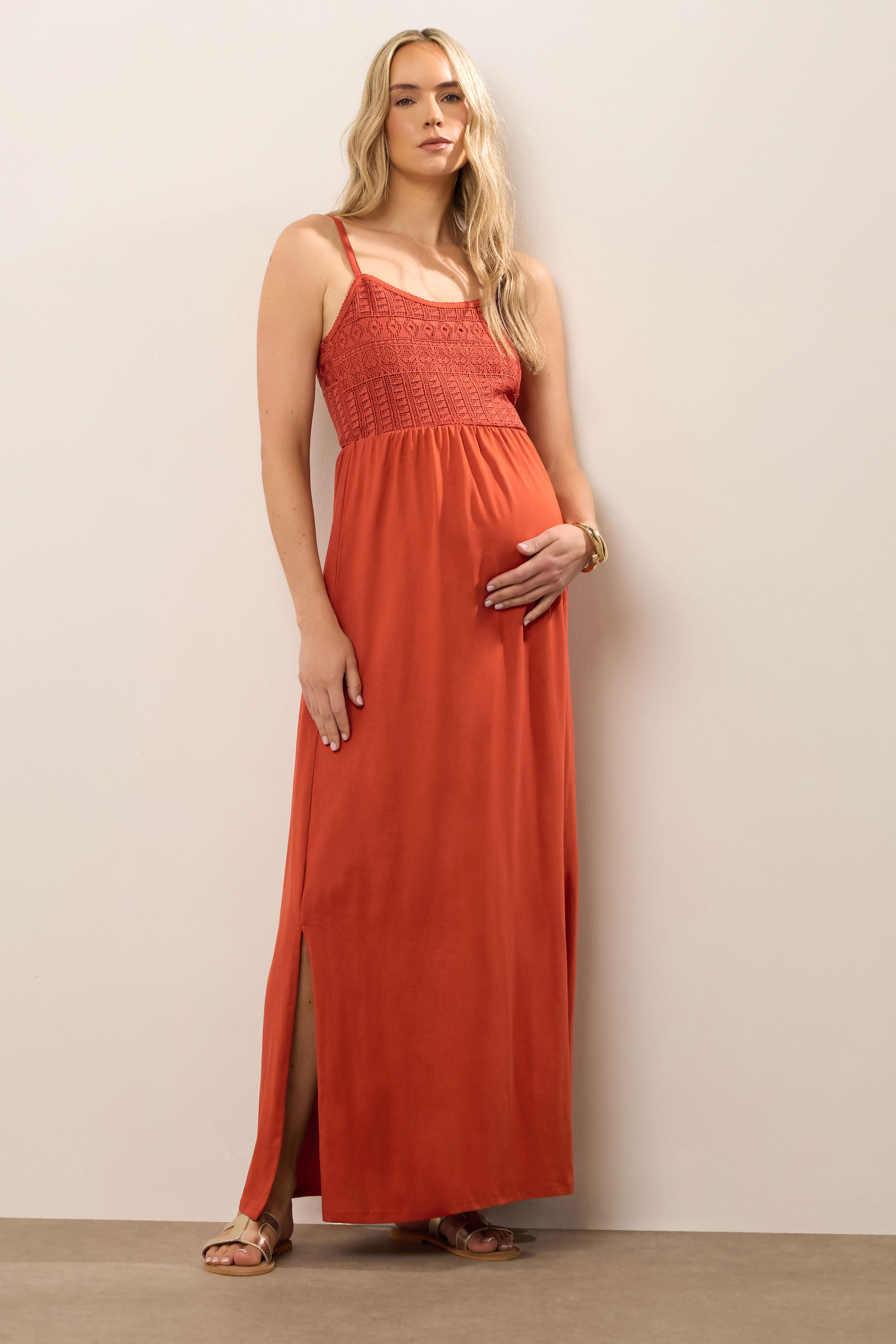 LTS Tall Maternity Rust Orange Cotton Crochet Bust Maxi Dress | Long Tall Sally 2