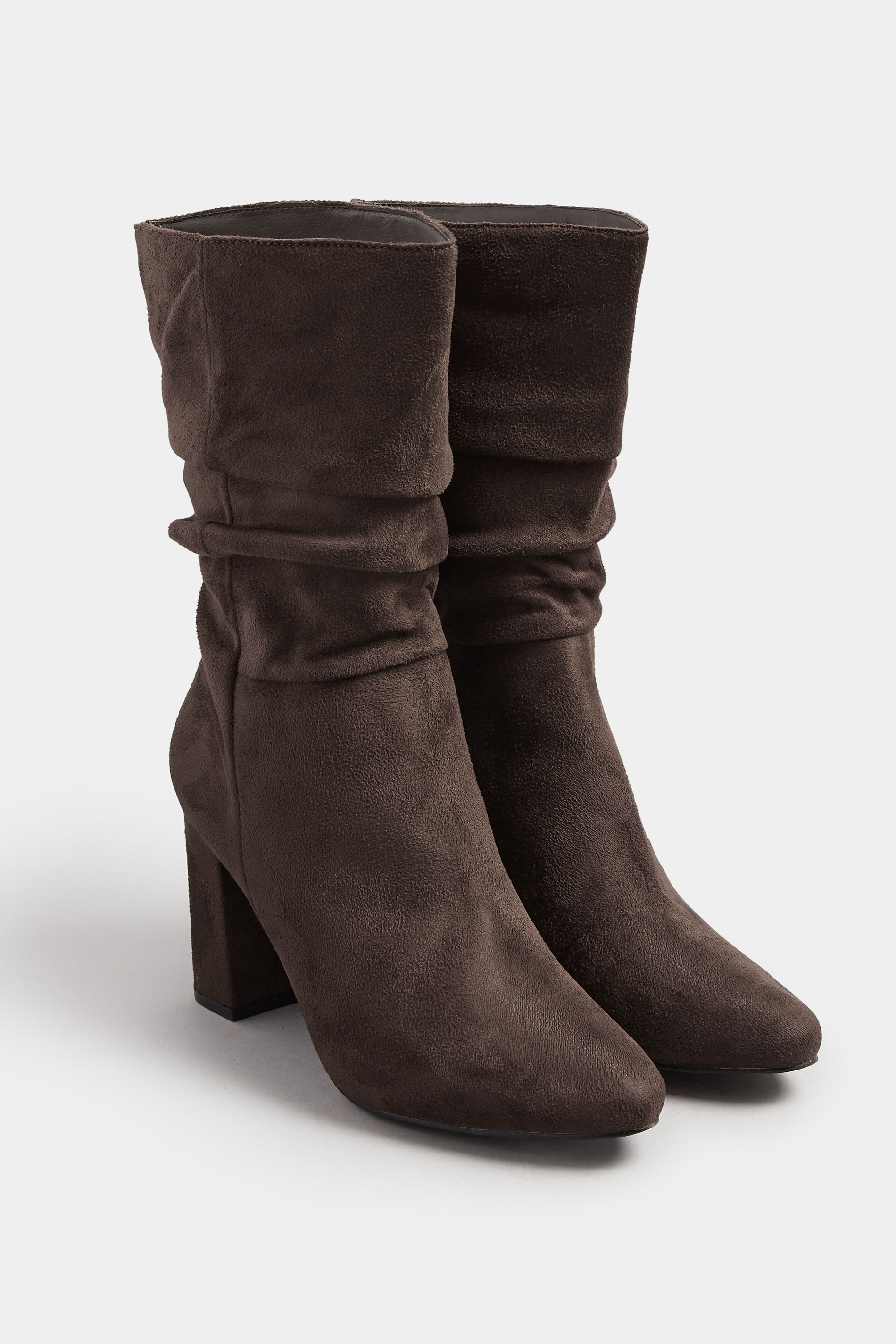 Chocolate Brown Faux Suede Ruched Block Heel Boots In Standard Fit | Yours Clothing 2