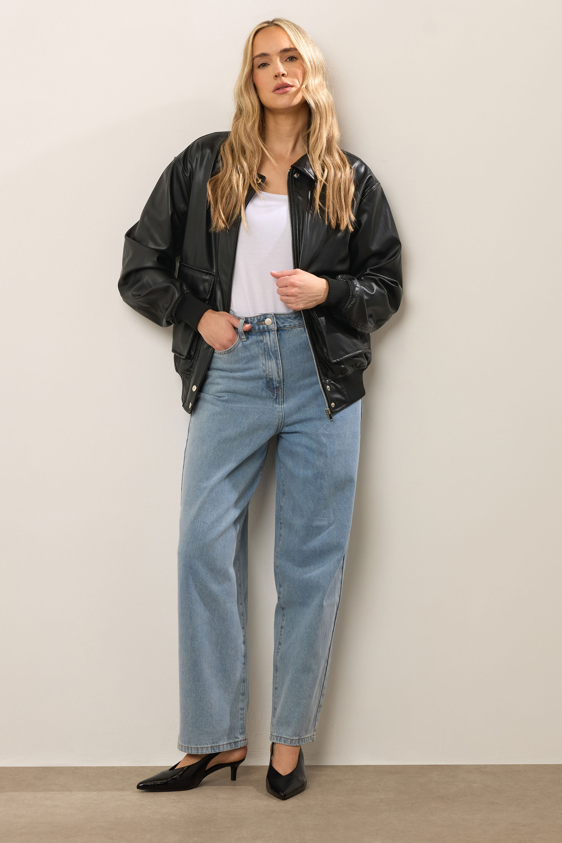 LTS Tall Black Faux Leather Pocket Trucker Jacket | Long Tall Sally 3