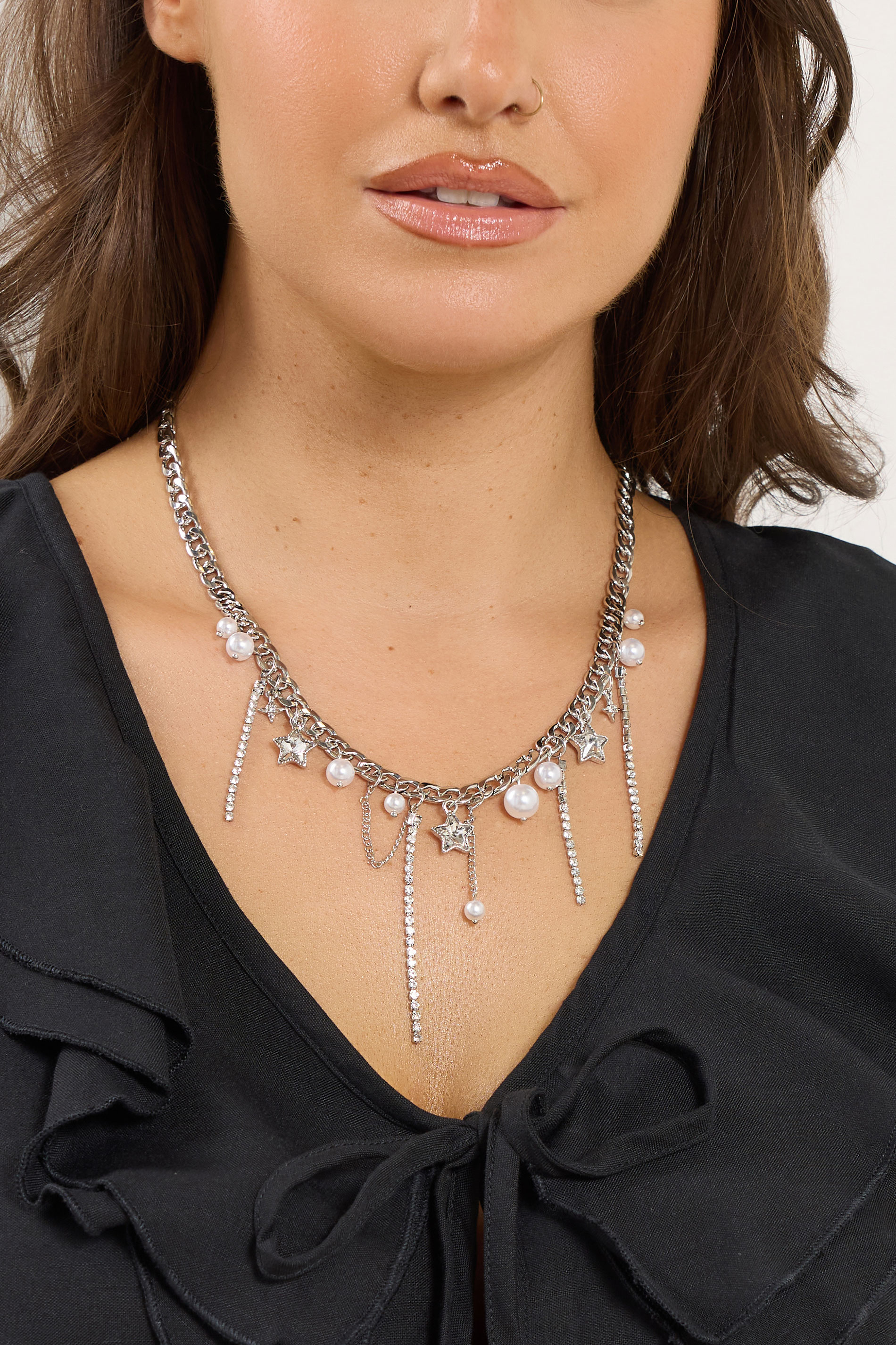 Silver Tone Star Pearl Droplet Necklace | Yours Clothing 1