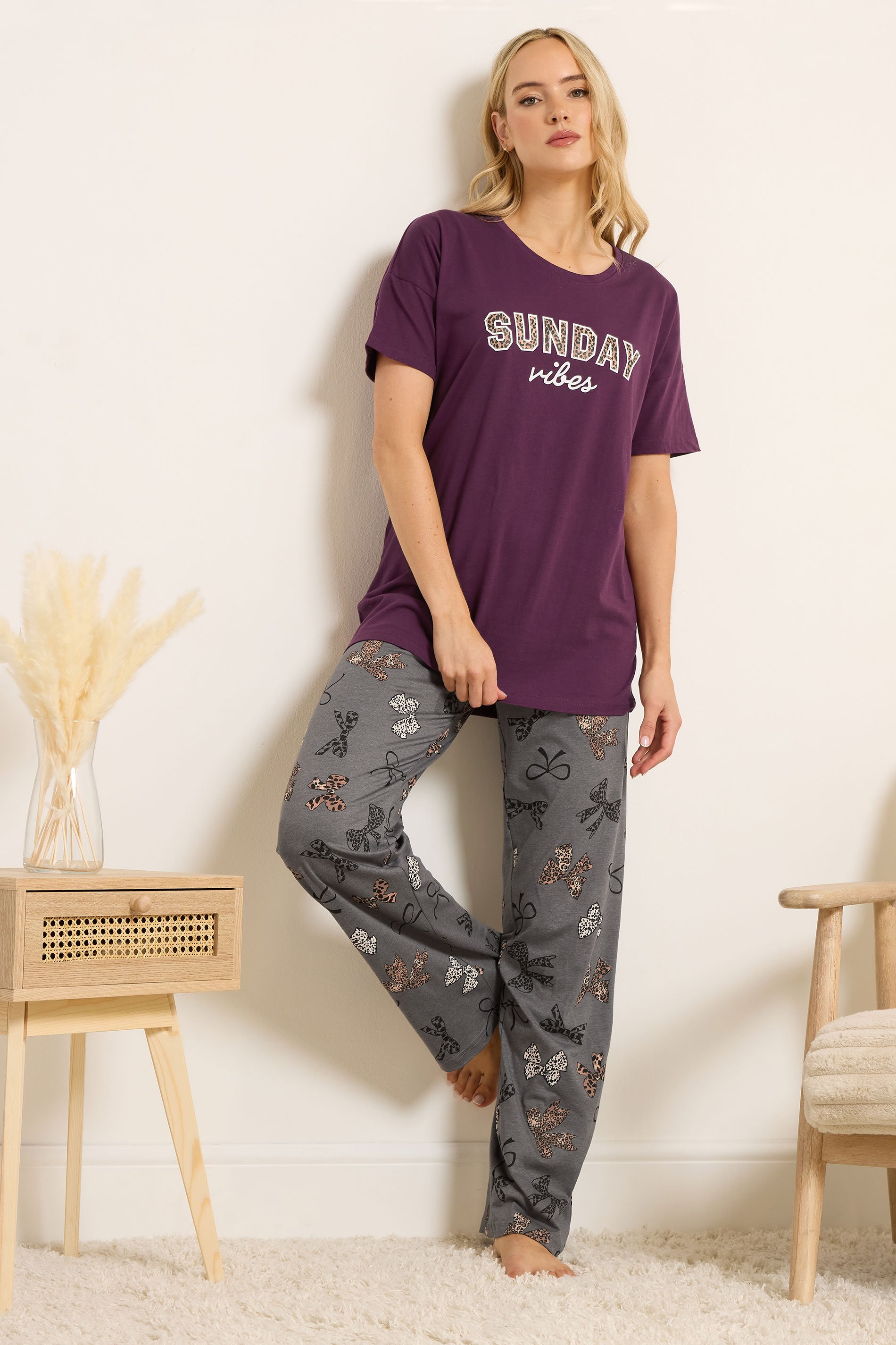 LTS Tall Burgundy Red Leopard 'Sunday Vibes' Slogan Pyjama Set | Long Tall Sally 1