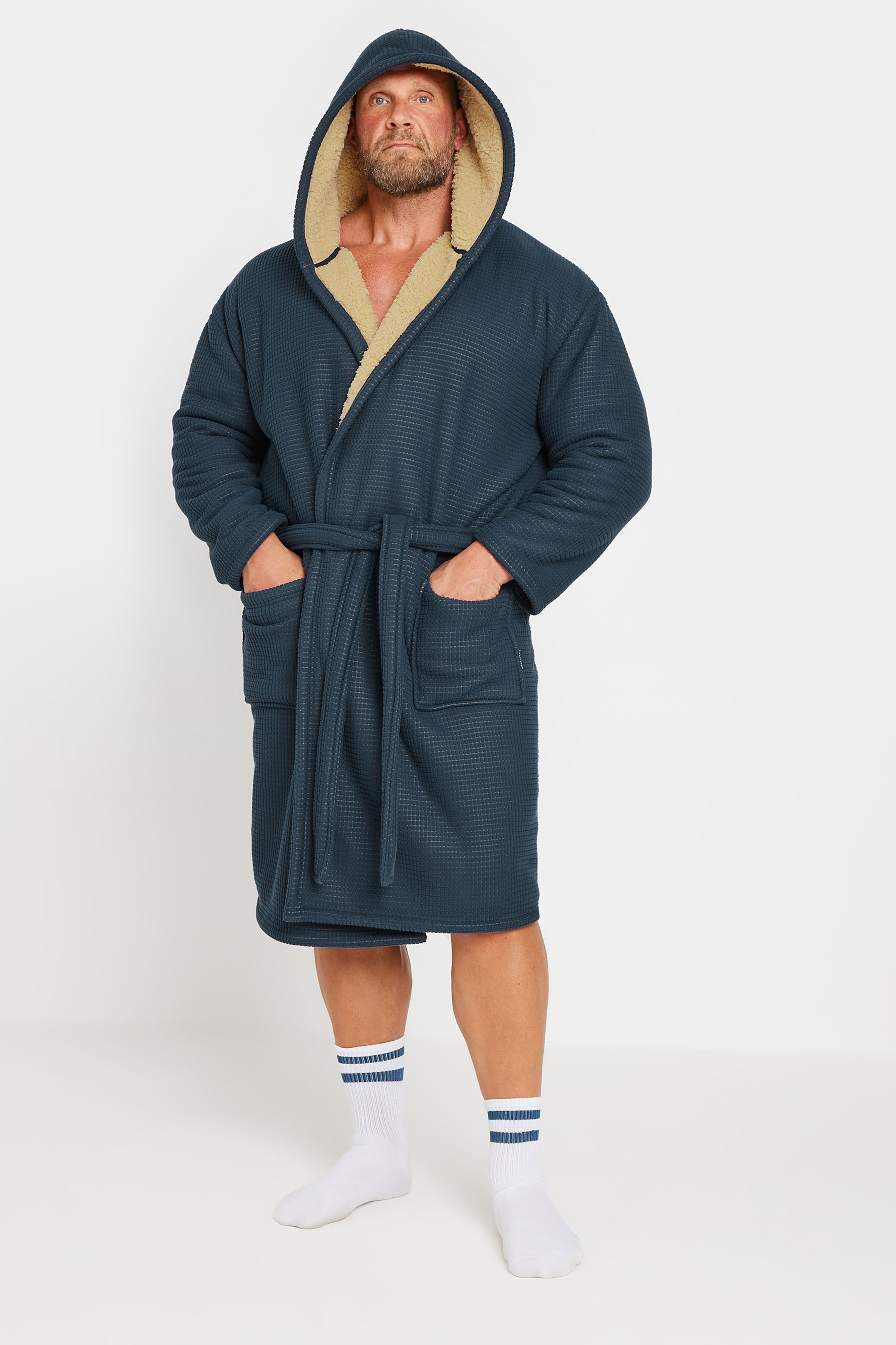 BadRhino Big & Tall Navy Blue Waffle Borg Lined Dressing Gown | BadRhino 3