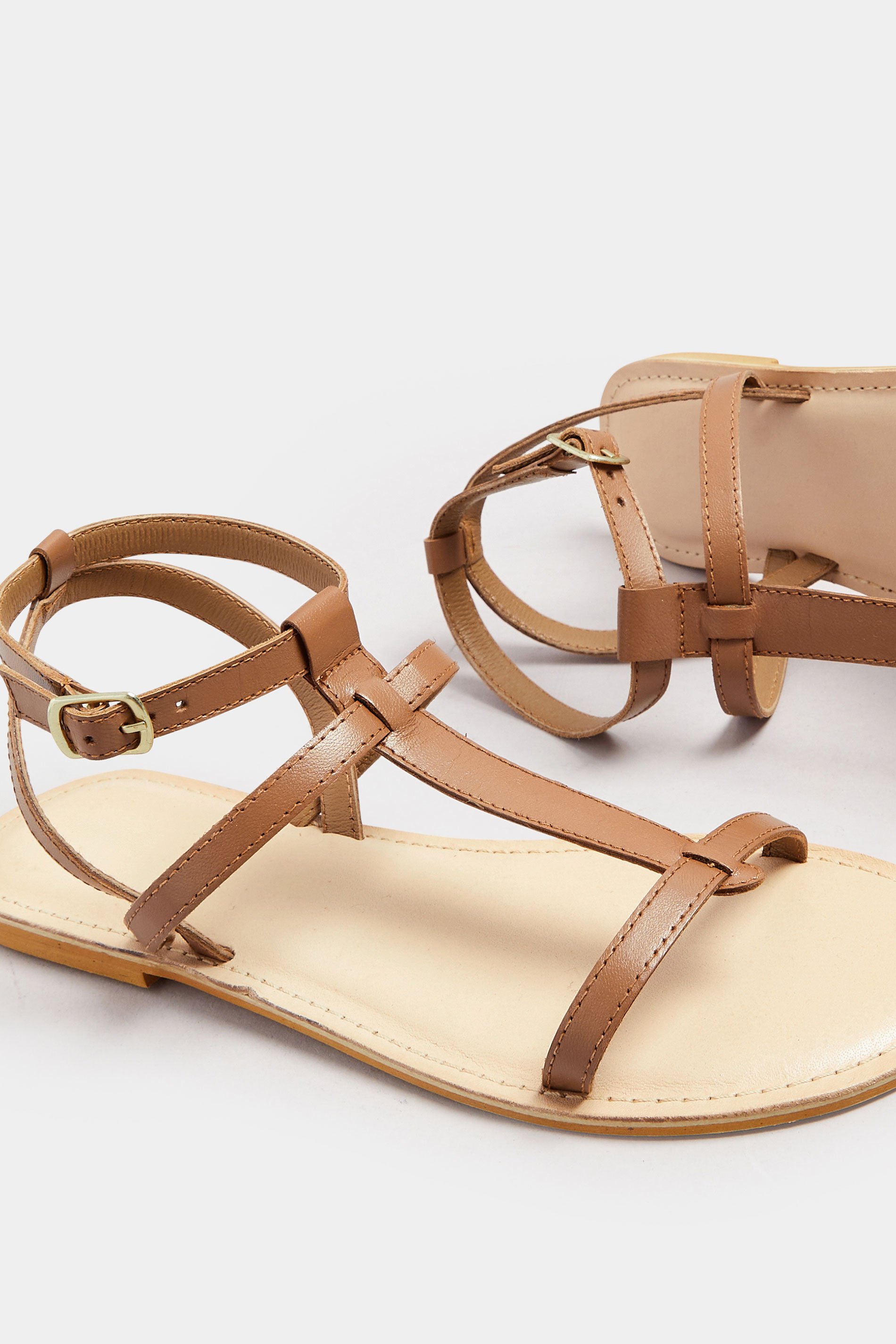 LTS Tan Brown Leather Cross Strap Flat Sandals In Standard Fit | Long Tall Sally 7