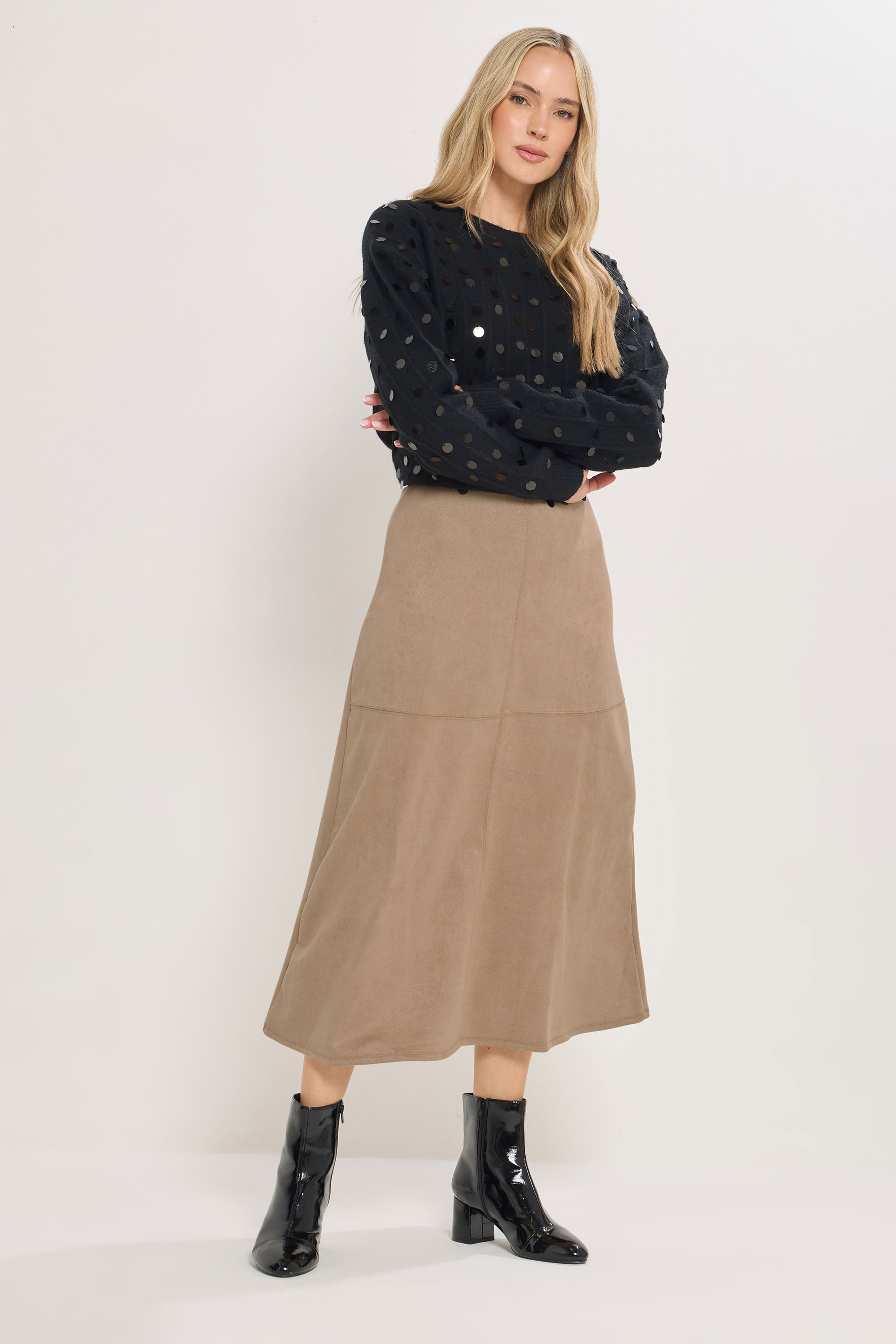 LTS Tall Tan Brown Suedette A-Line Midi Skirt | Long Tall Sally 1