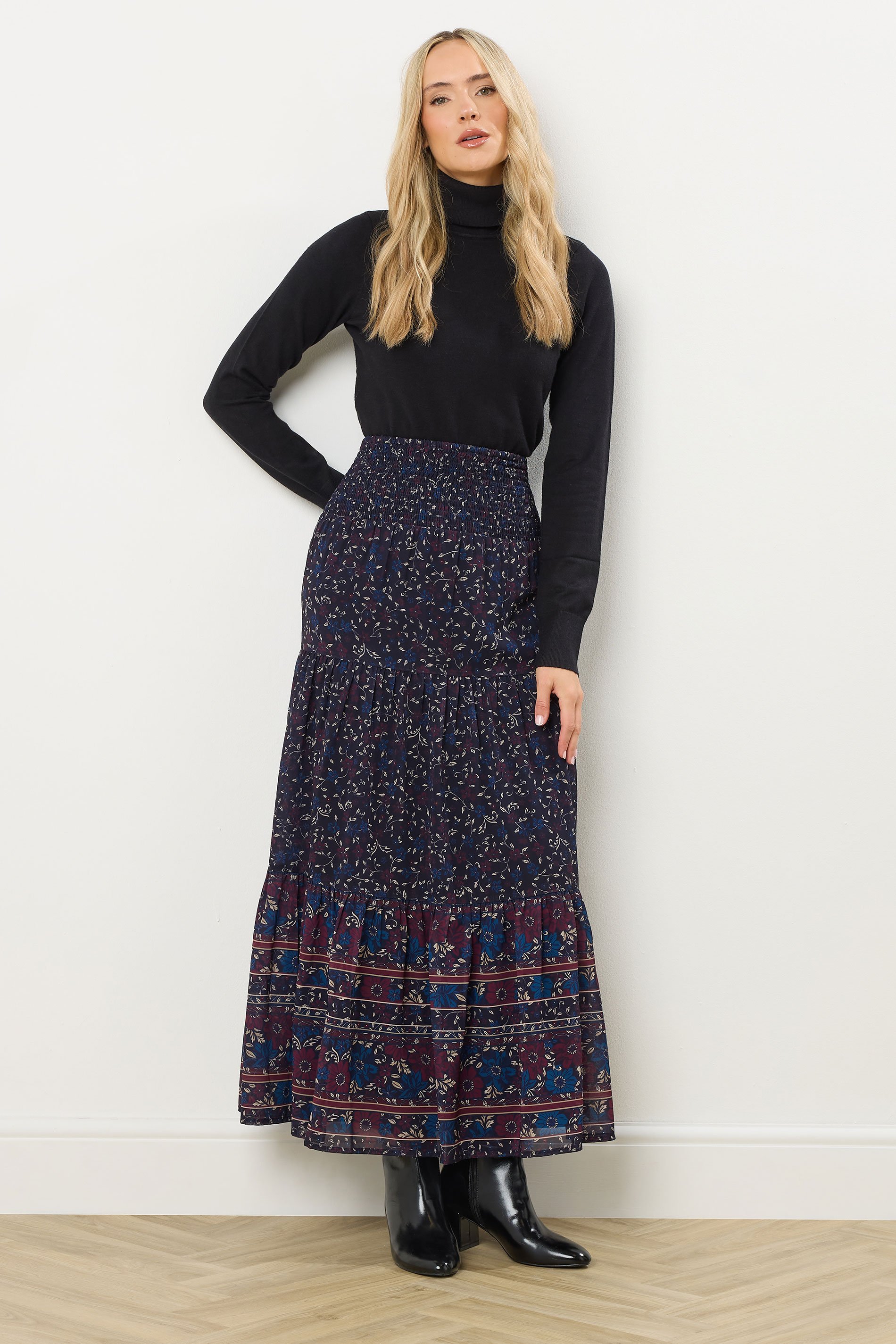 LTS Tall Navy Blue Floral Border Tiered Maxi Skirt | Long Tall Sally 1