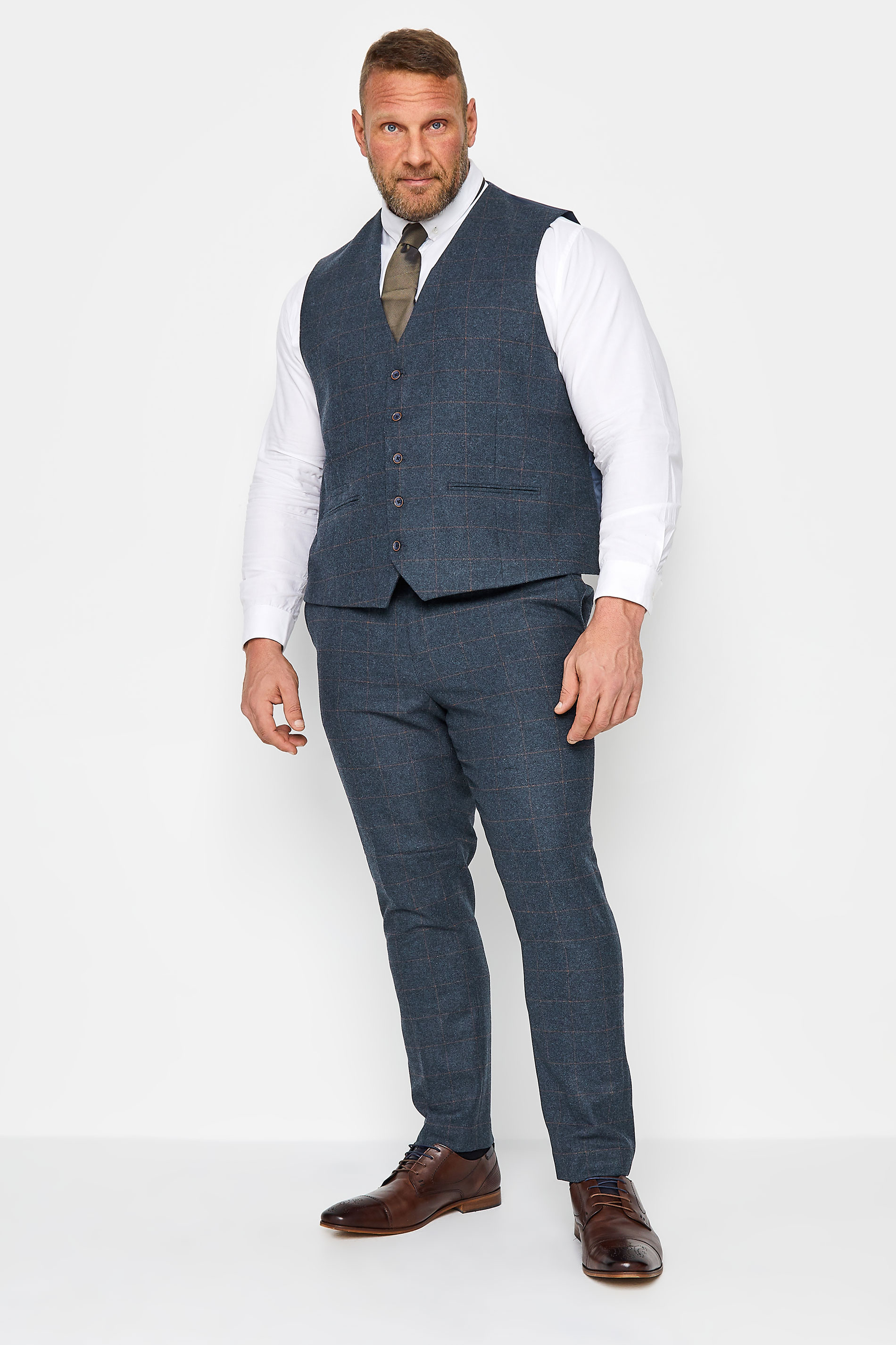 BadRhino Big & Tall Blue Wool Mix Check Suit Waistcoat | BadRhino 4