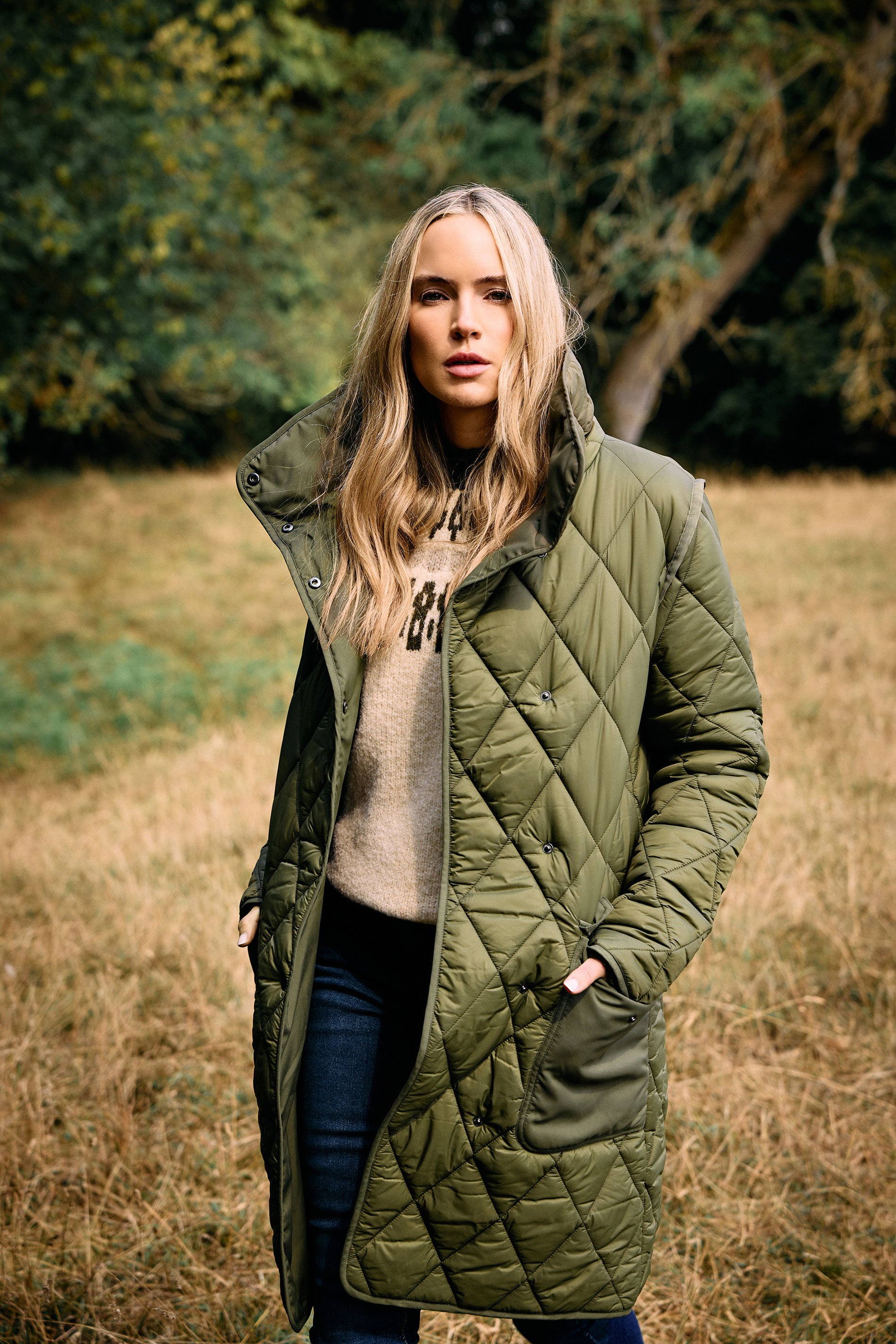 LTS Tall Khaki Green Funnel Neck Quilted Coat | Long Tall Sally 1