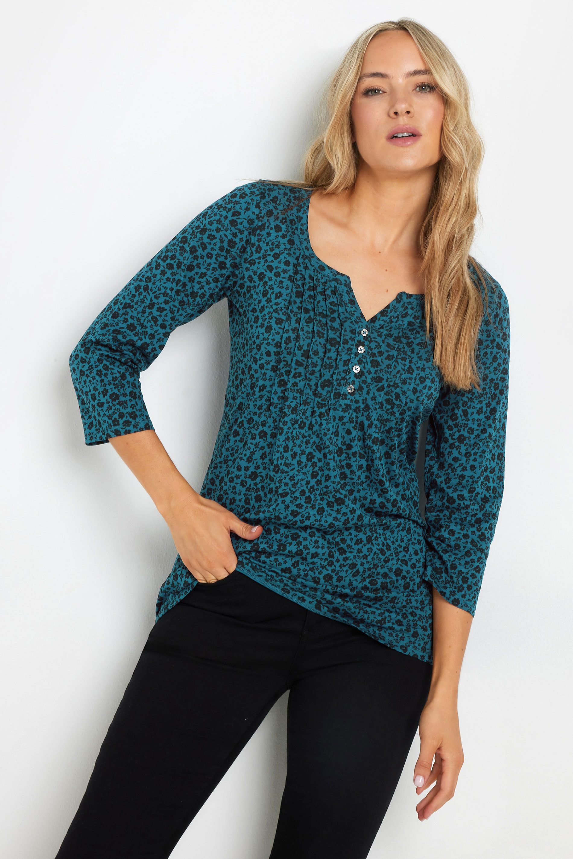 LTS Tall Teal Blue Ditsy Floral Henley Top | Long Tall Sally 1