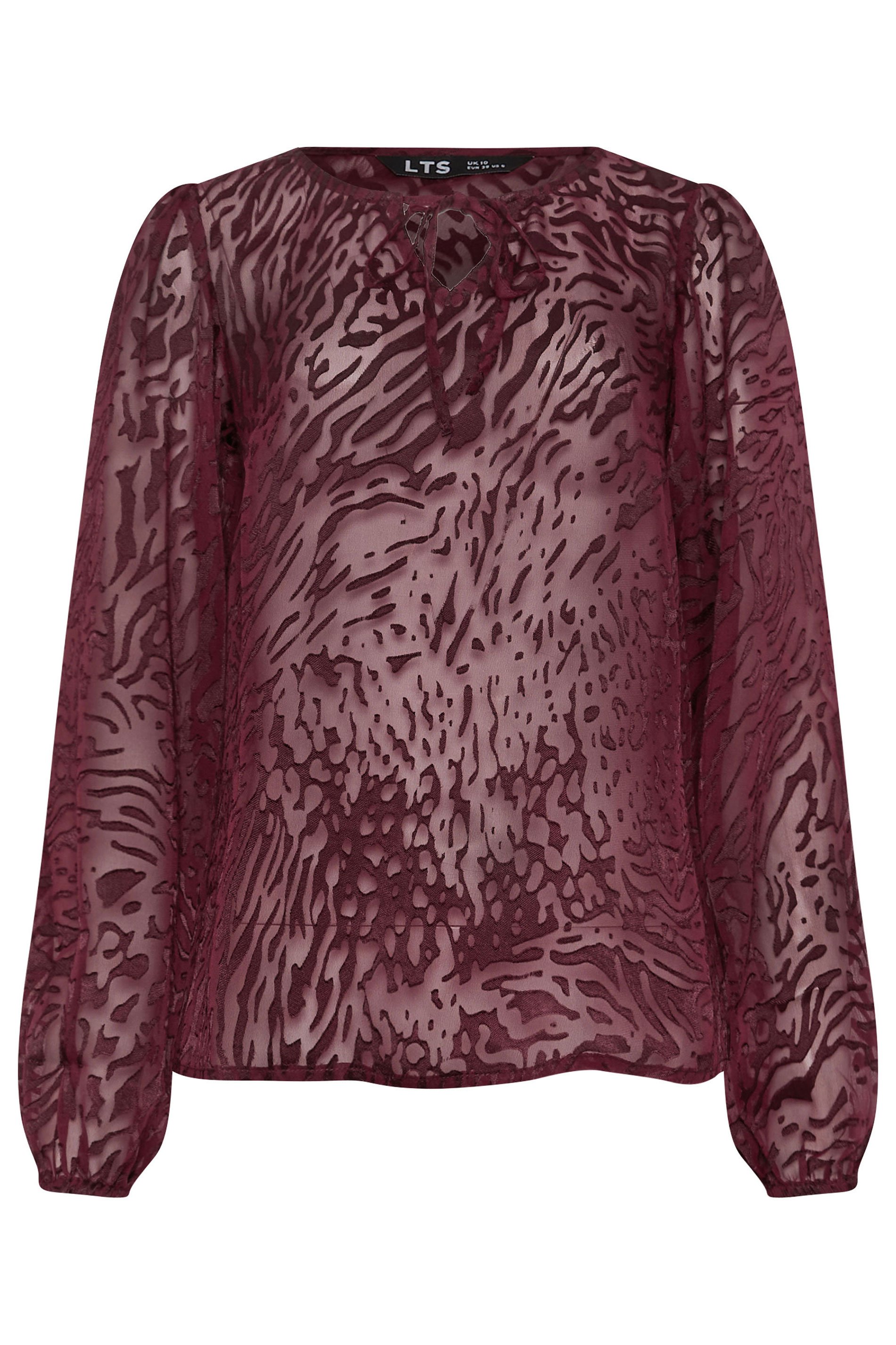 LTS Tall Burgundy Red Animal Burnout Tie Blouse | Long Tall Sally 5
