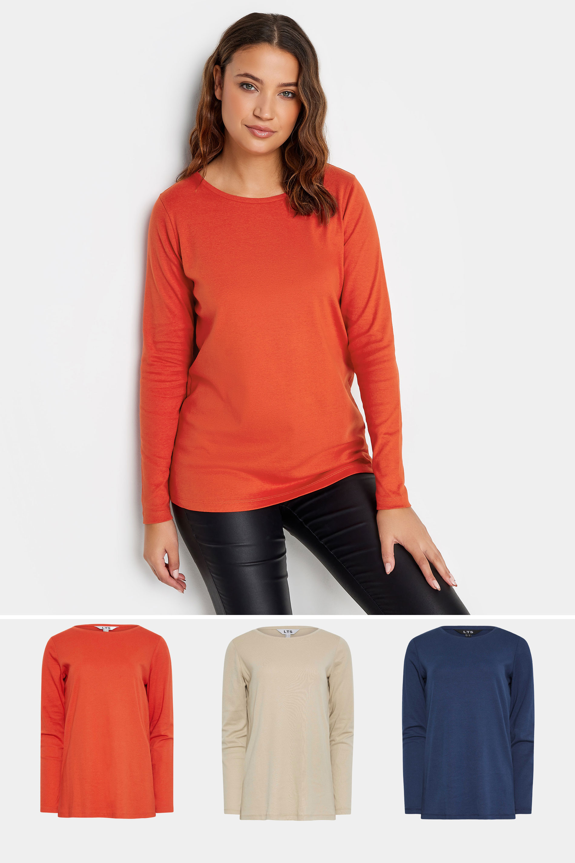 LTS Tall Womens 3 PACK Orange & Blue Scoop Neck Cotton T-Shirts | Long Tall Sally  1