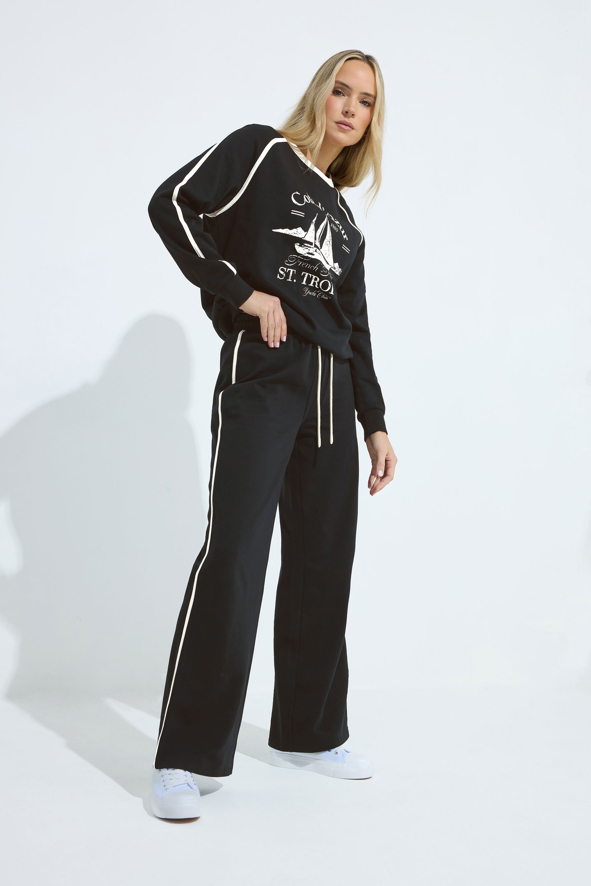 LTS Tall Black Pipe Detail Wide Leg Joggers | Long Tall Sally 1