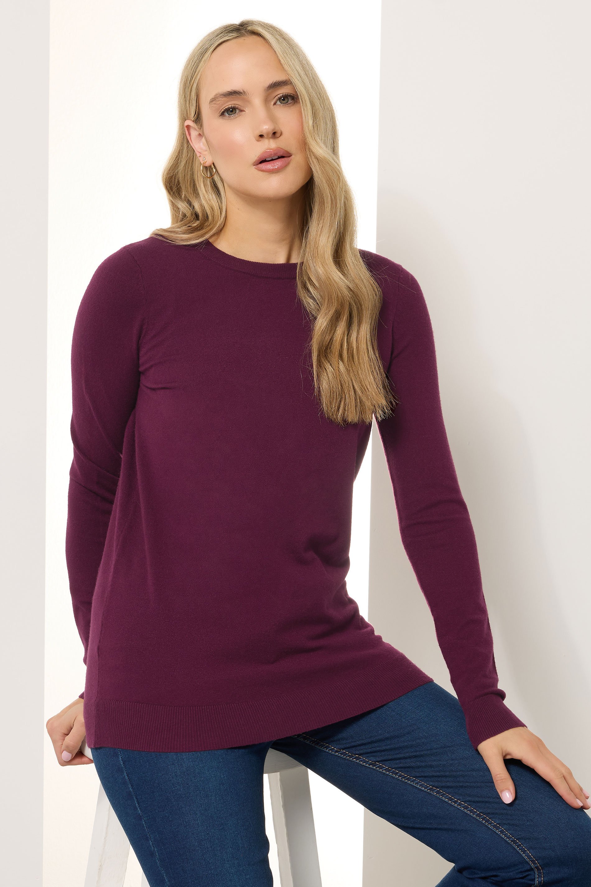 LTS Tall Dark Red Knitted Crew Neck Jumper | Long Tall Sally 1