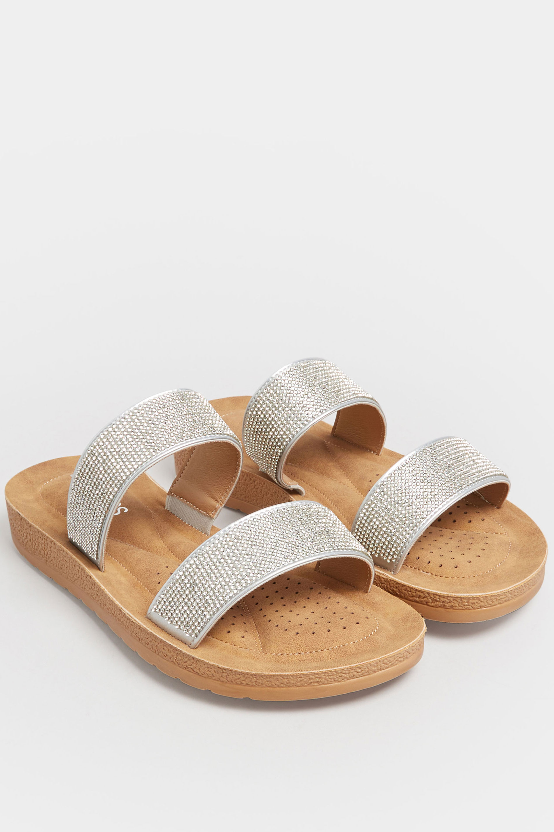 Silver & Brown Glitter Strap Mule Sandals In Extra Wide EEE Fit | Yours Clothing  2