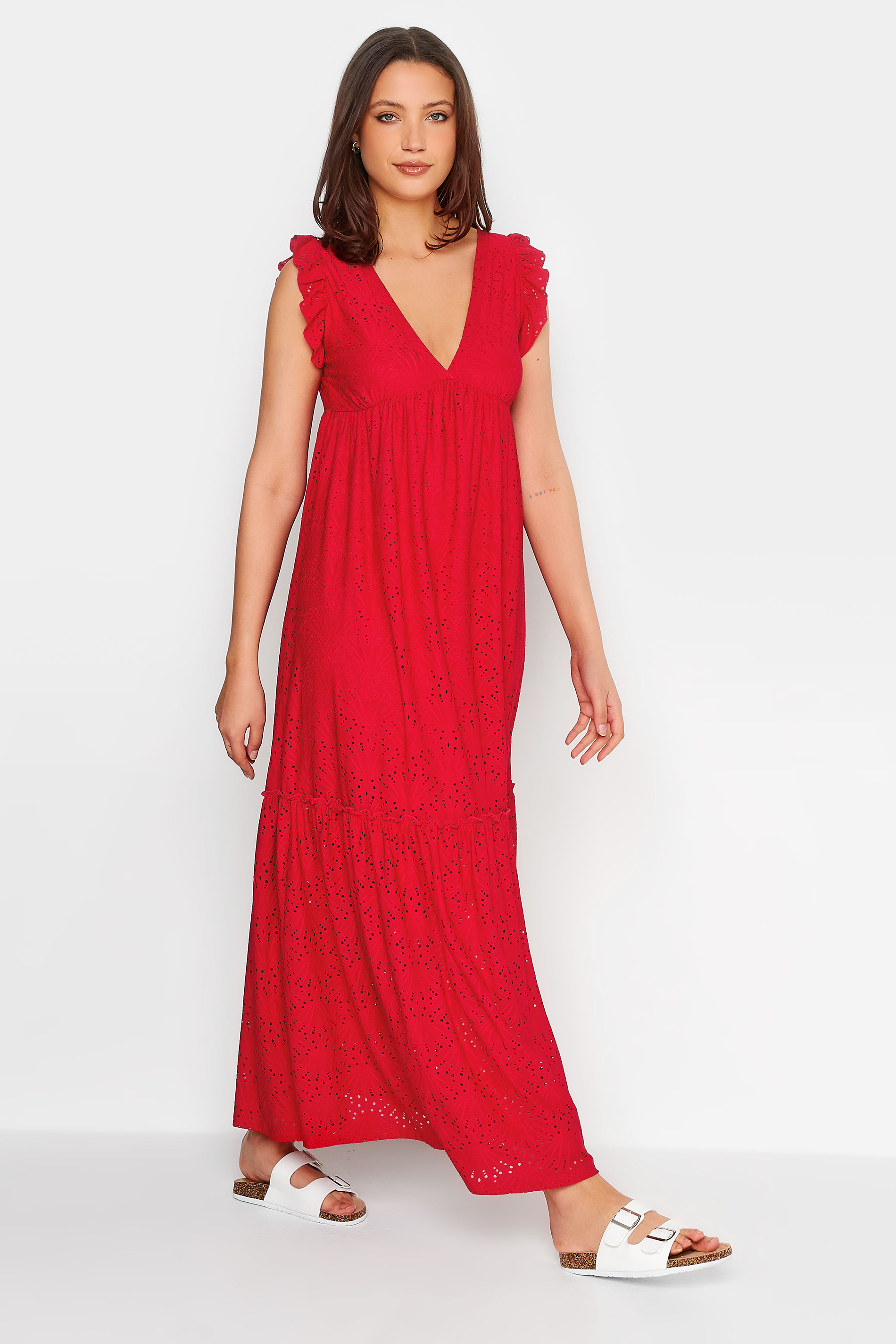 LTS Tall Red Broderie Anglaise Frill Maxi Dress | Long Tall Sally 2