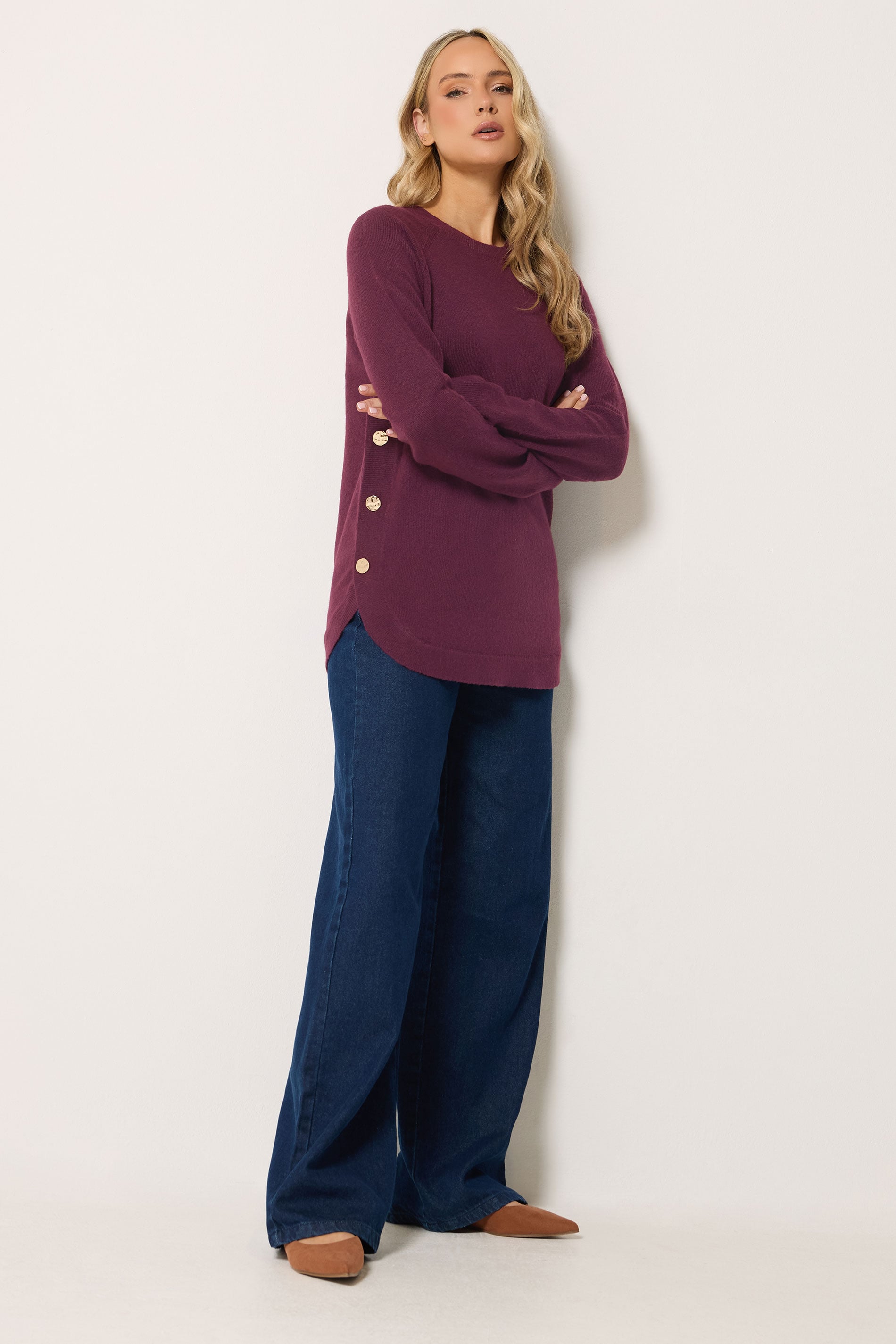 LTS Tall Women's Dark Red Longline Button Knitted Jumper | Long Tall Sally 1
