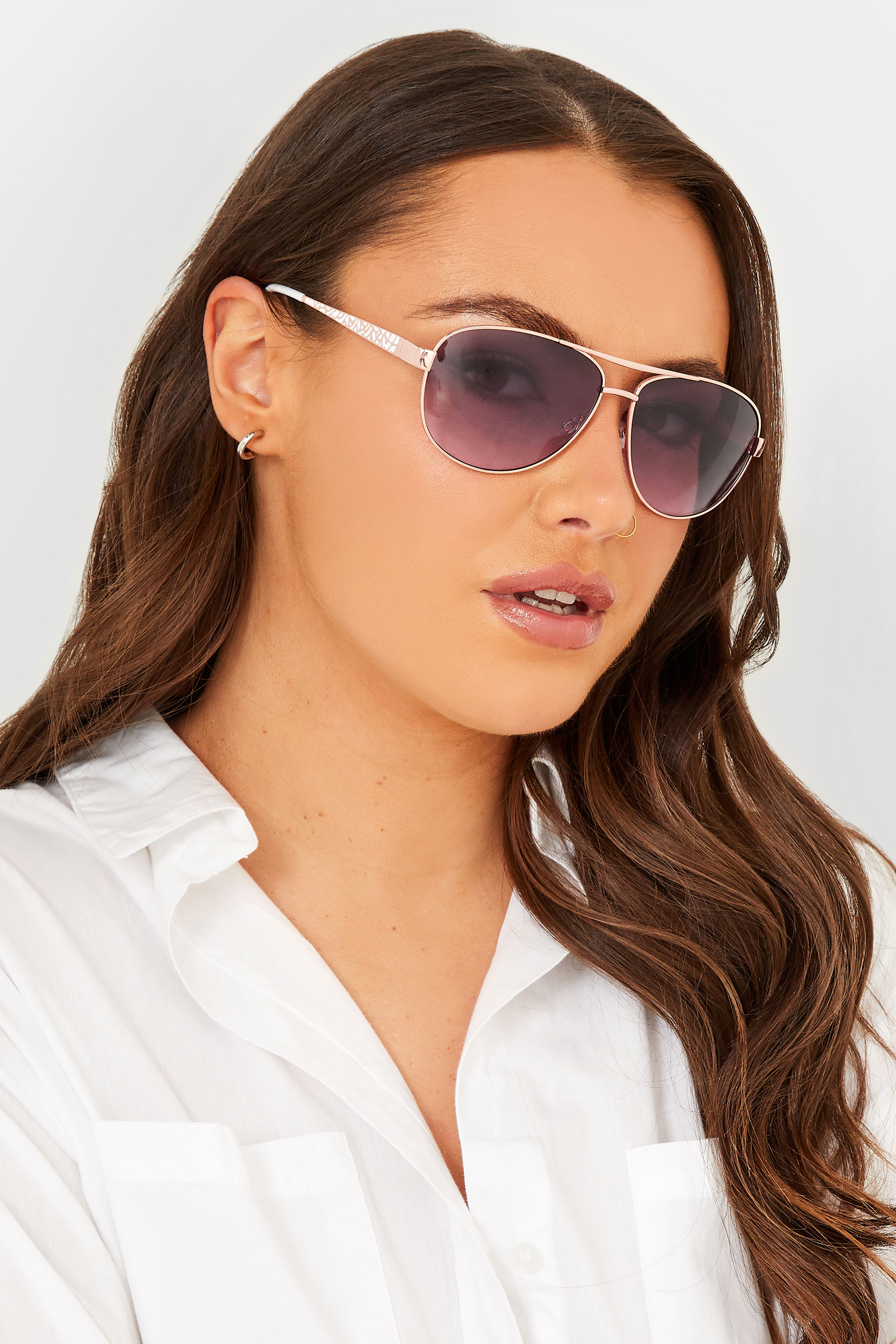 Gold Tone & White Aviator Sunglasses | Yours Clothing 1