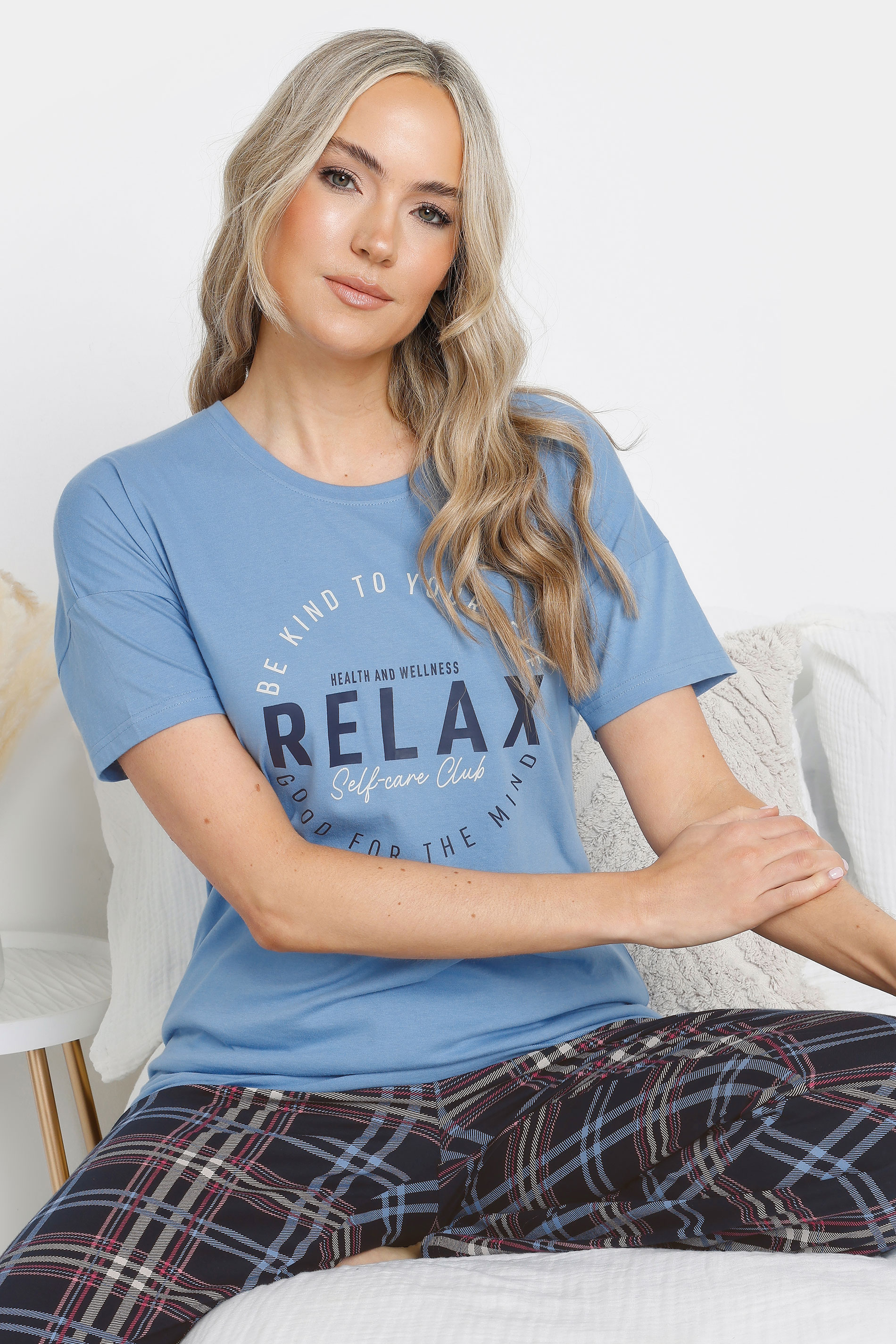LTS Tall Blue Check 'Self Care' Slogan Wide Leg Pyjama Set | Long Tall Sally 3