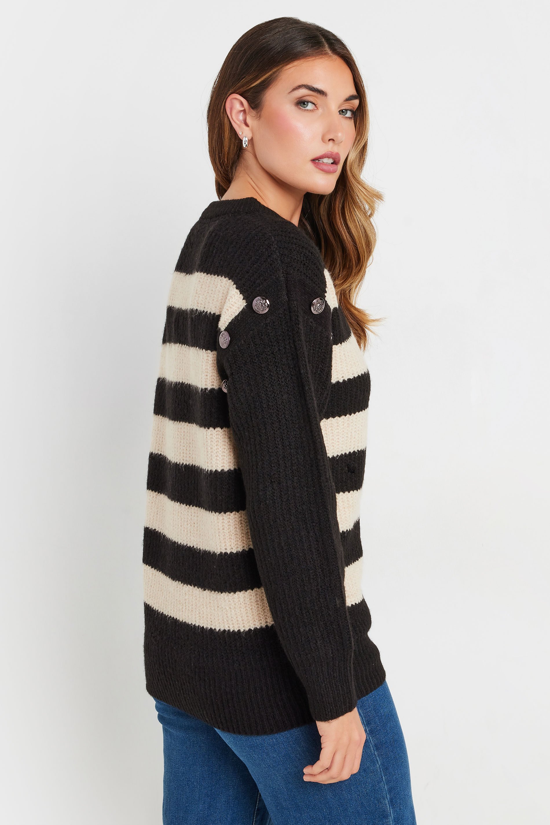 LTS Tall Black Knitted Striped Button Jumper | Long Tall Sally 4