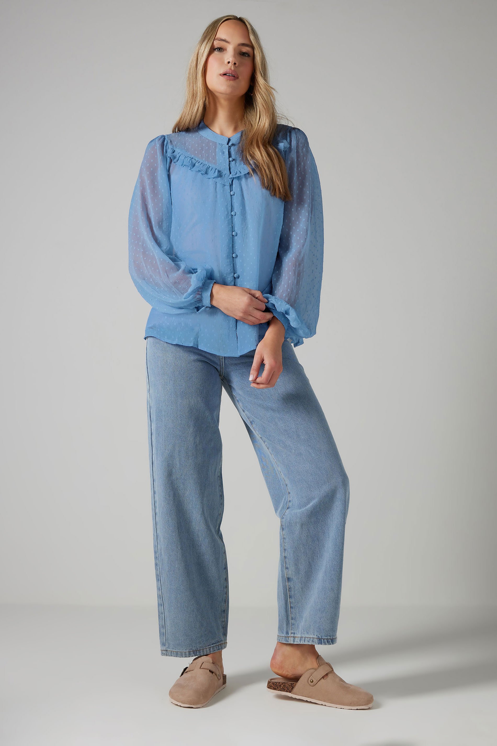 LTS Tall Blue Sheer Dobby Frill Blouse | Long Tall Sally 2