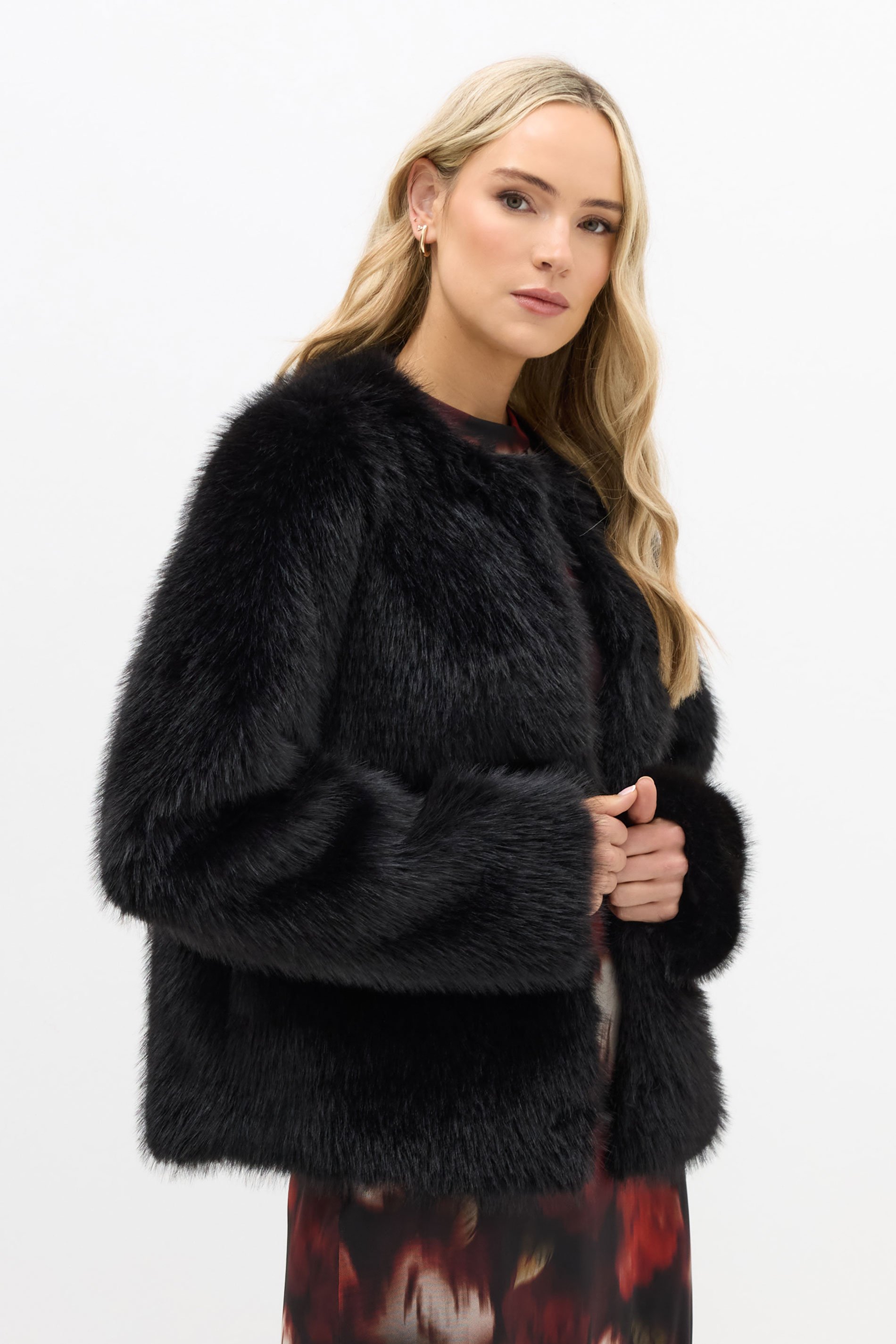 LTS Tall Black Faux Fur Collarless Jacket | Long Tall Sally 2