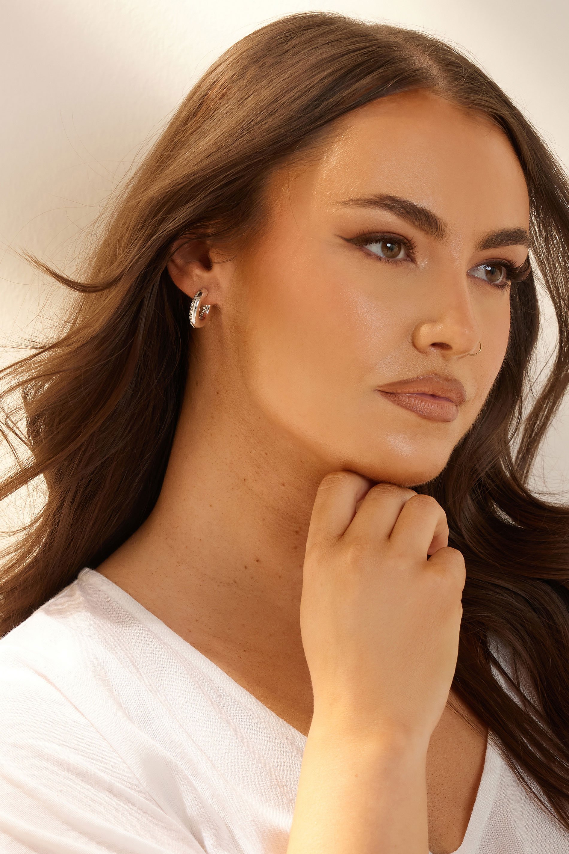 Silver Tone Chunky Diamante Hoop Earrings | Yours Clothing 1