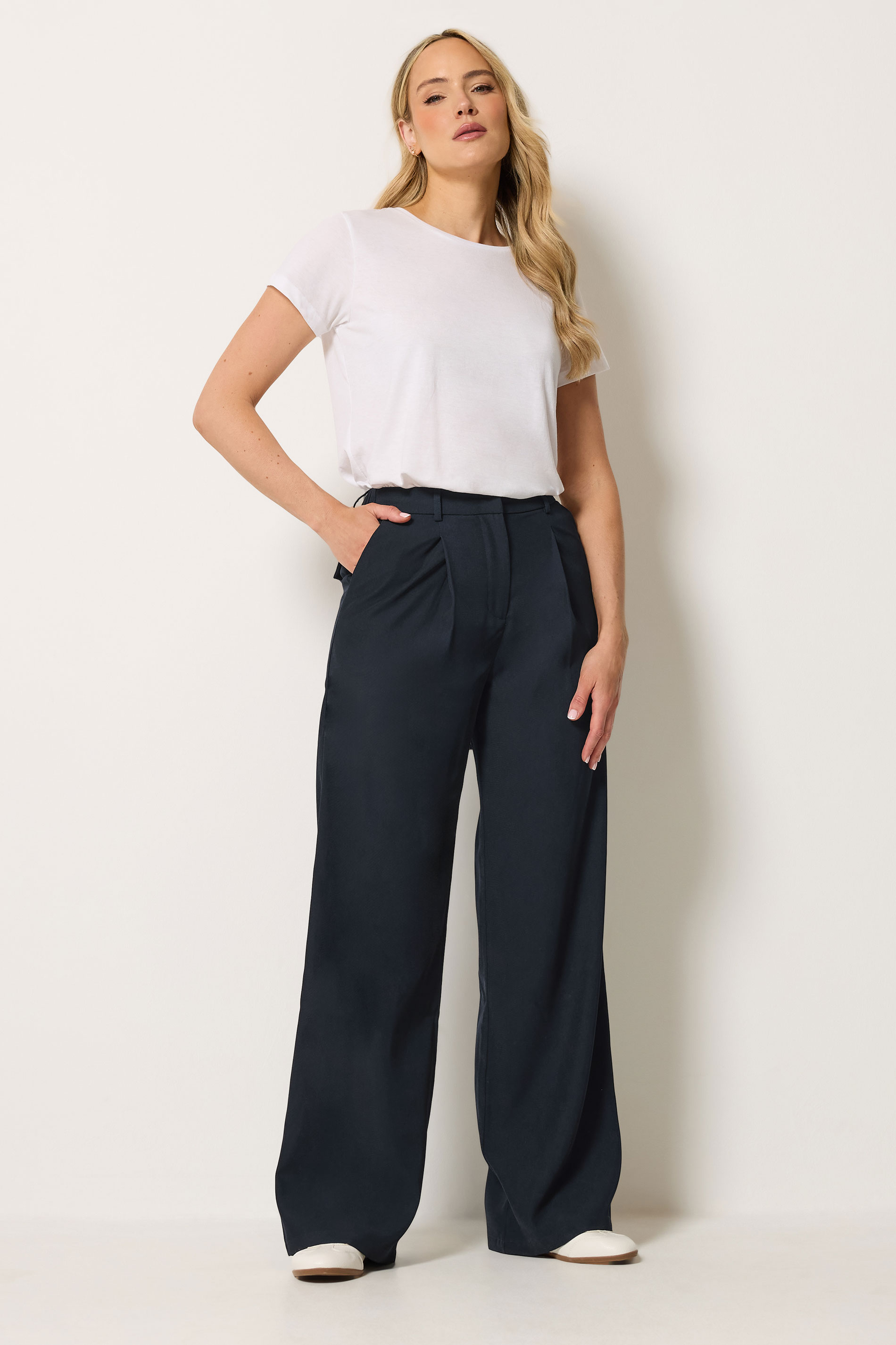 LTS Tall Women's Navy Blue Pleated Wide Leg Trousers | Long Tall Sally 3