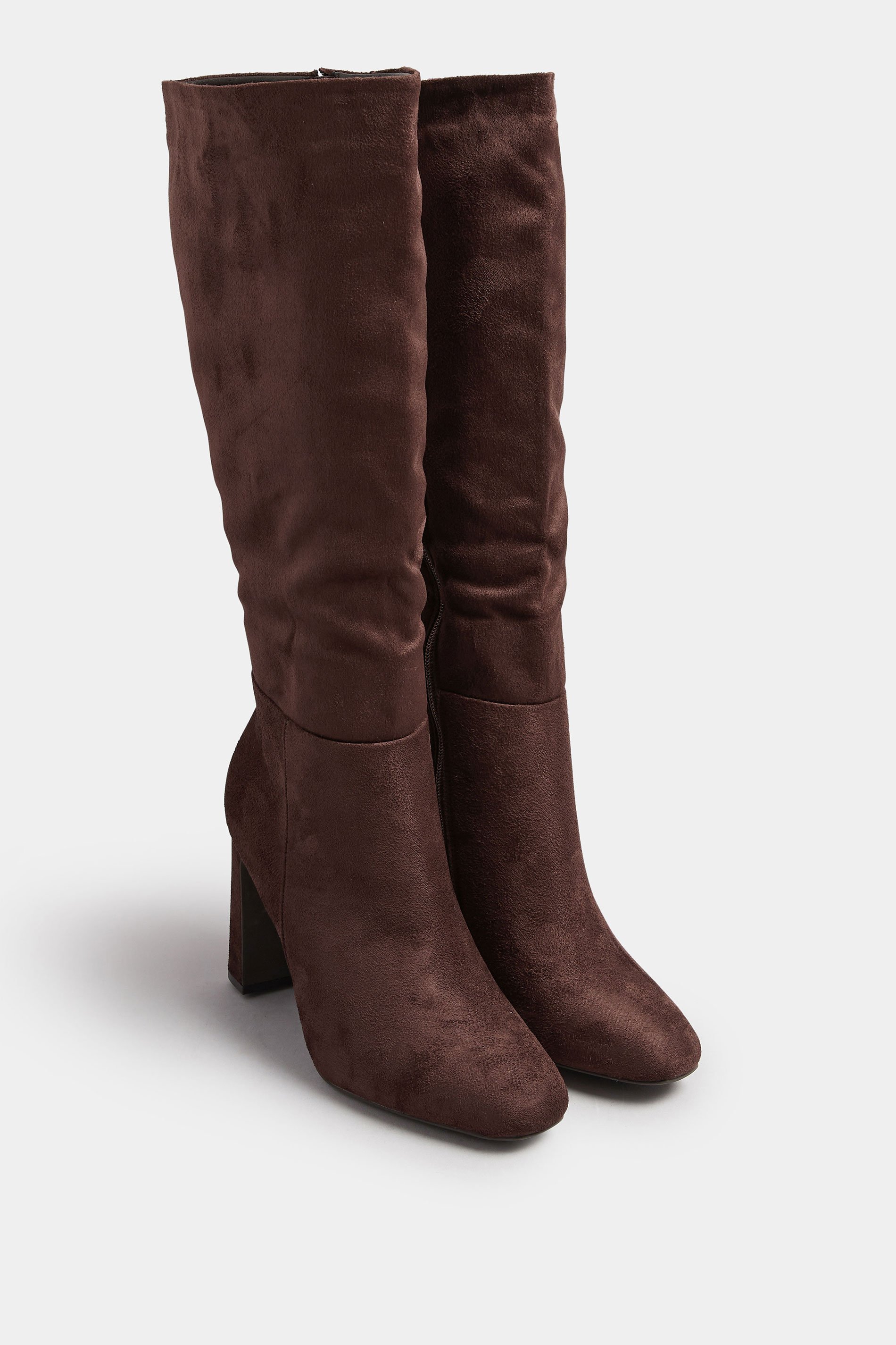 Brown Faux Suede Heeled Knee High Boots In Standard Fit | Yours Clothing 2