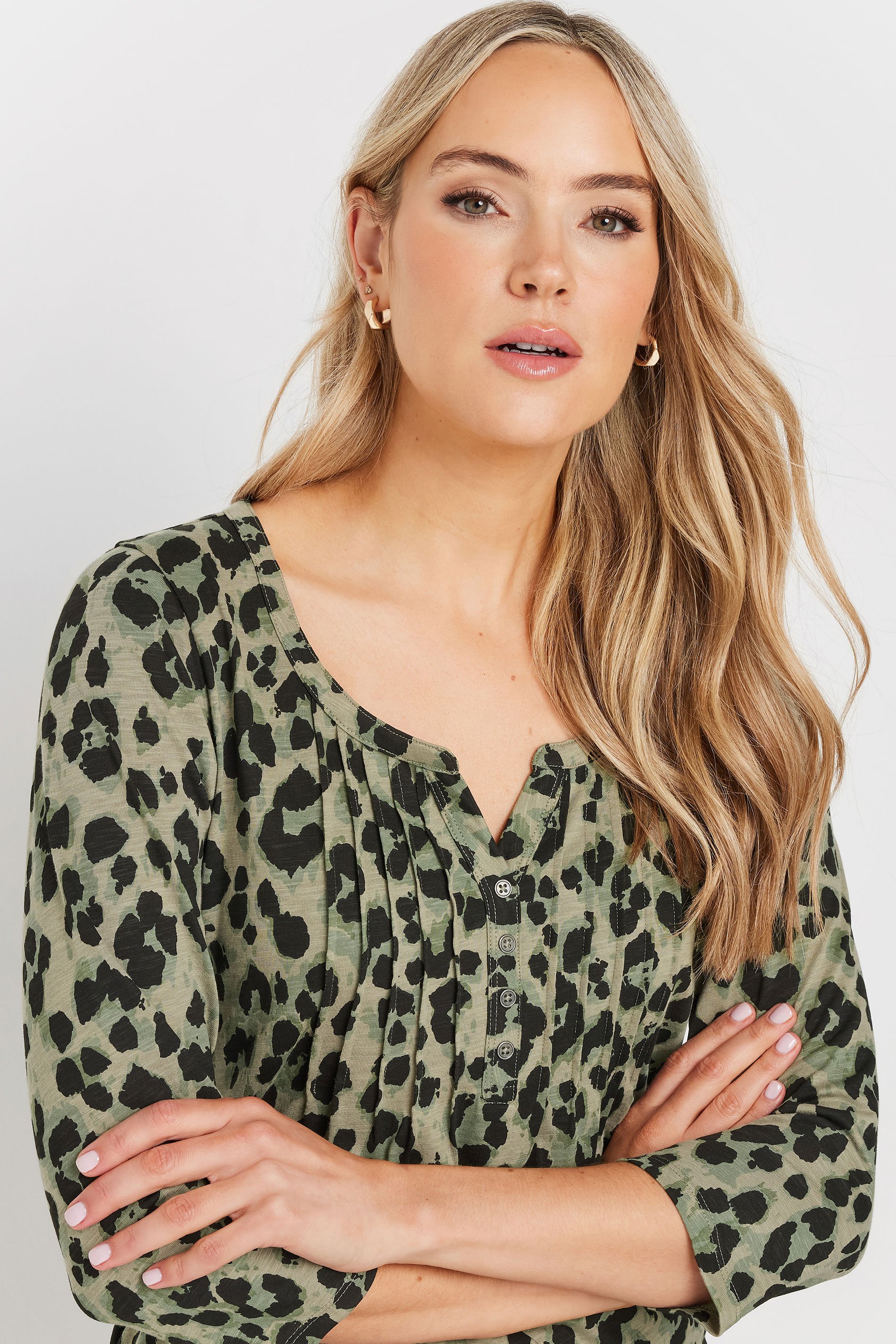 LTS Tall Khaki Green Leopard Print Henley Top | Long Tall Sally 4
