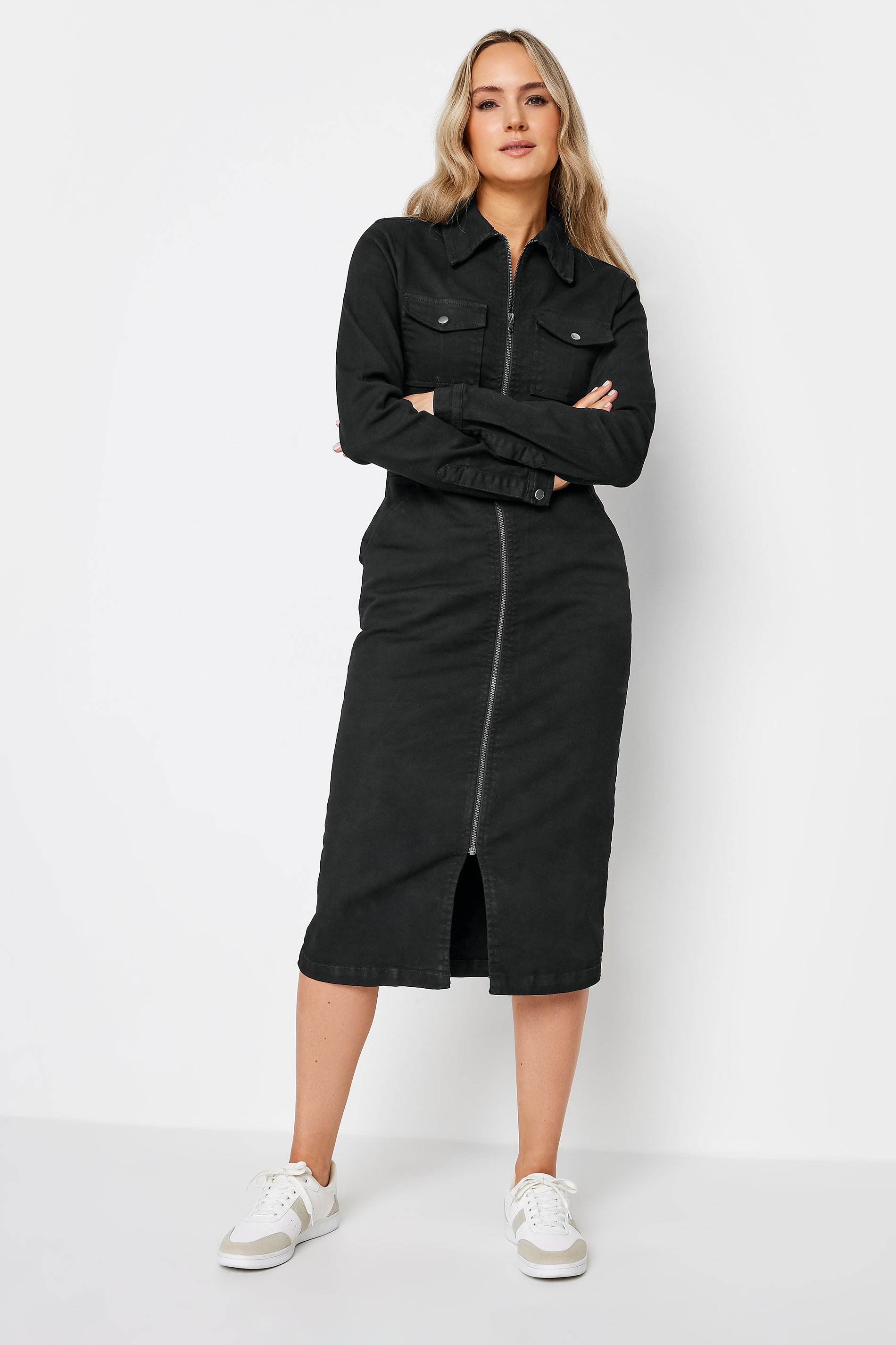 LTS Tall Womens Black Denim Zip Through Midi Dress | Long Tall Sally 1