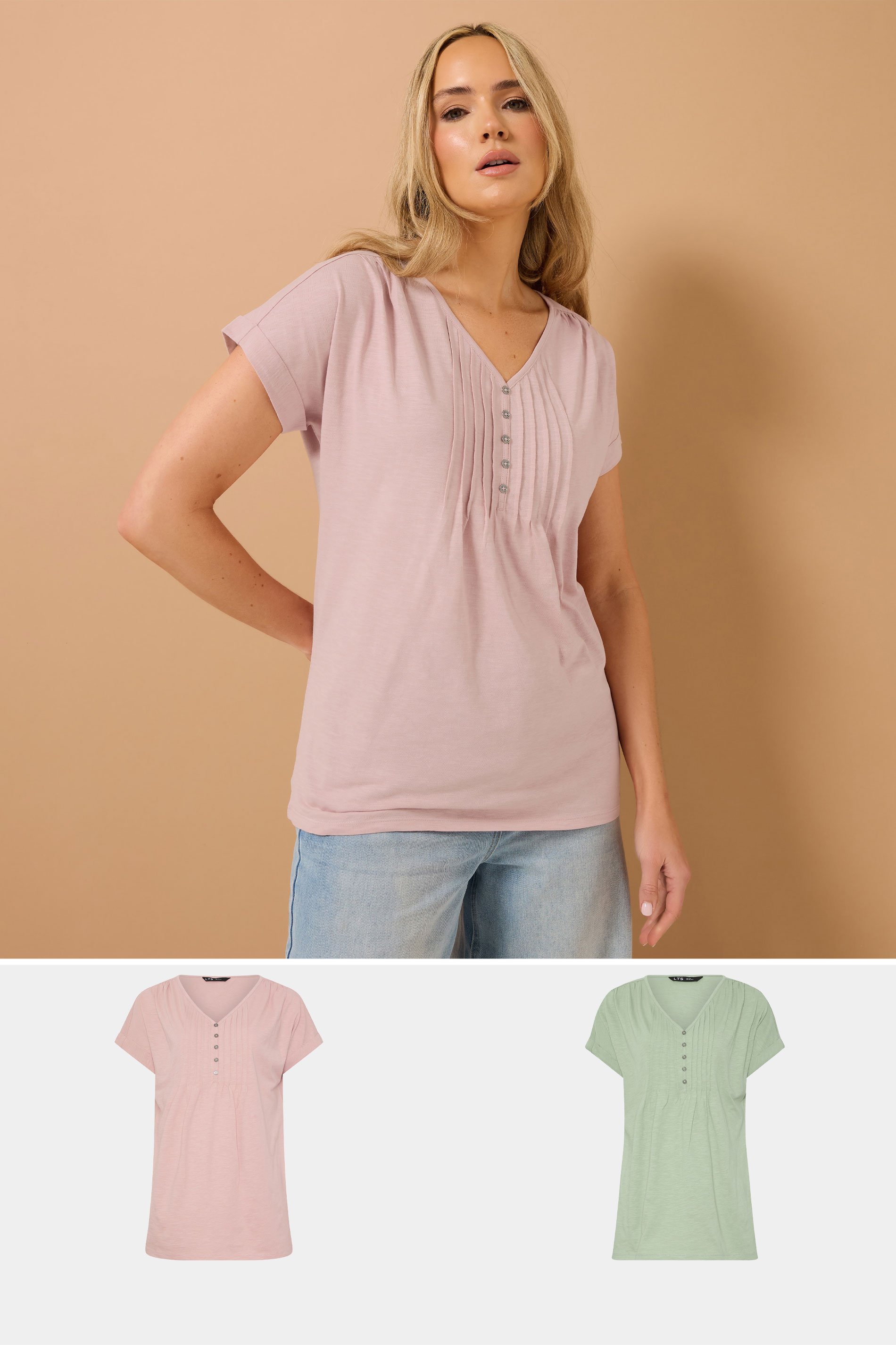 LTS Tall 2 PACK Sage Green & Pink Cotton Henley Tops | Long Tall Sally 1