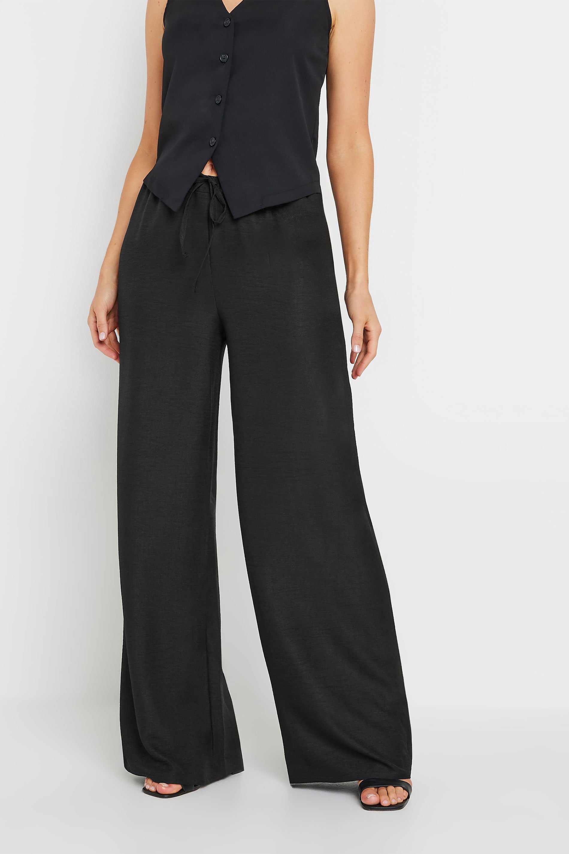 LTS Tall Black Textured Drawstring Wide Leg Trousers | Long Tall Sally 2