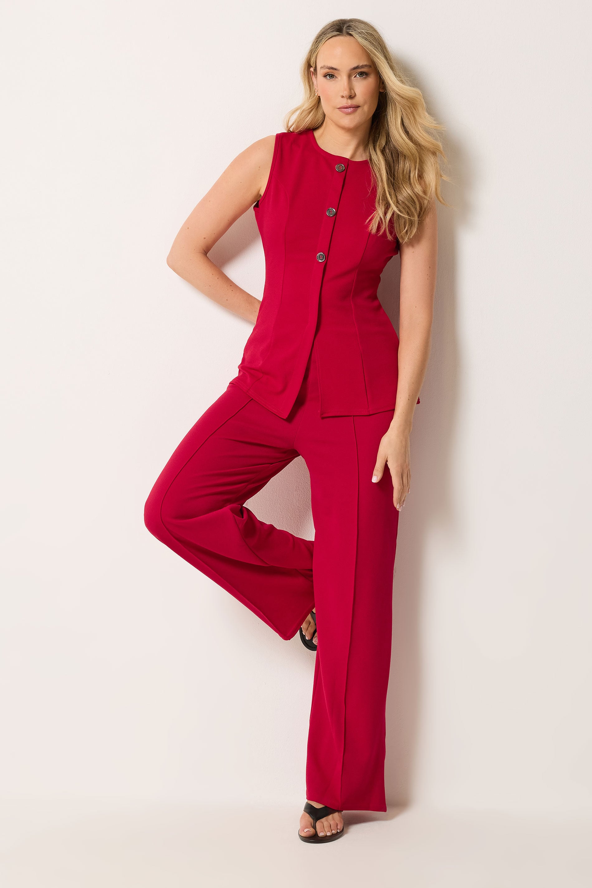 LTS Tall Women's Set Bright Red Textured Waistcoat & Wide Leg Trousers | Long Tall Sally 1