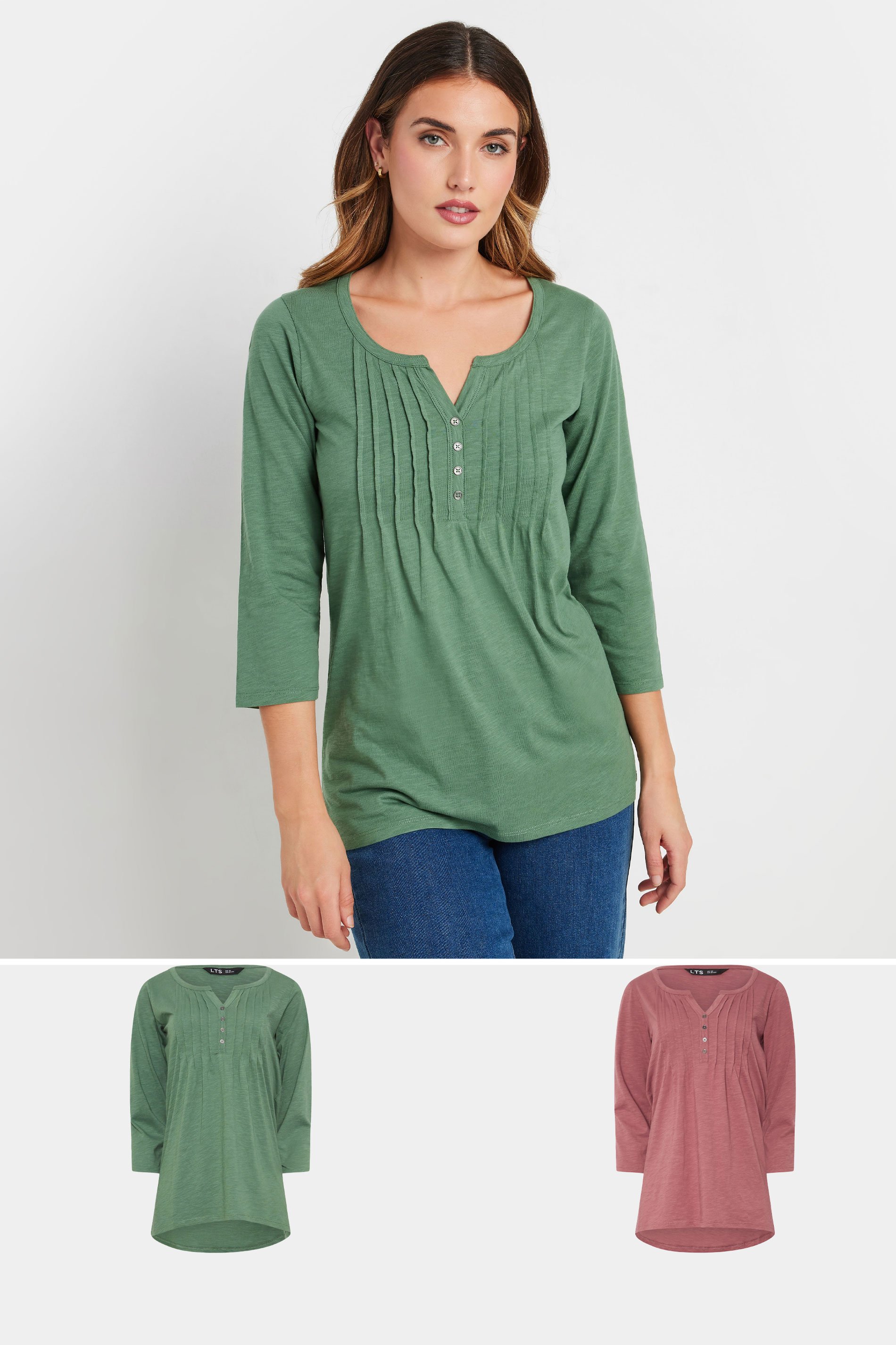LTS Tall 2 PACK Green & Blush Pink Henley Tops | Long Tall Sally 1