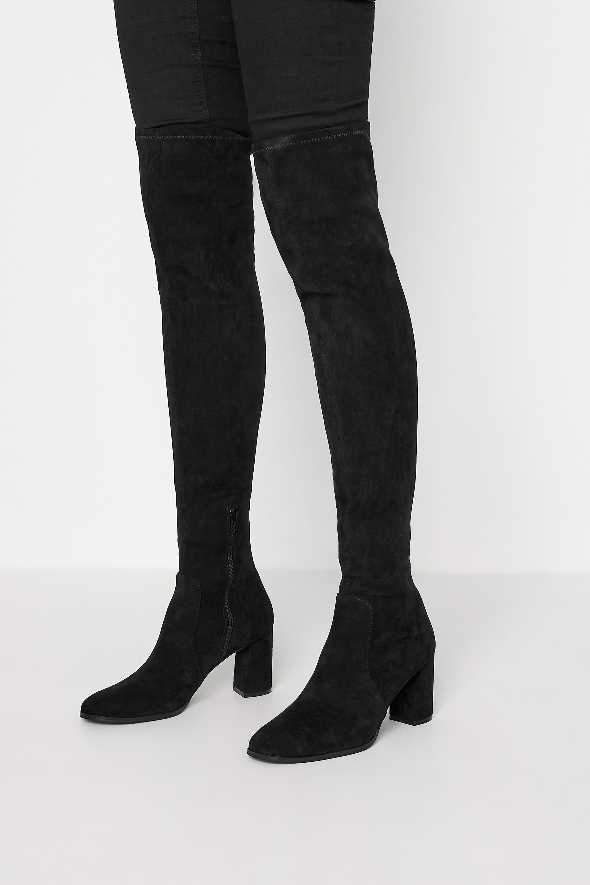 LTS Black Suede Heeled Over The Knee Boots In Standard Fit | Long Tall Sally 1
