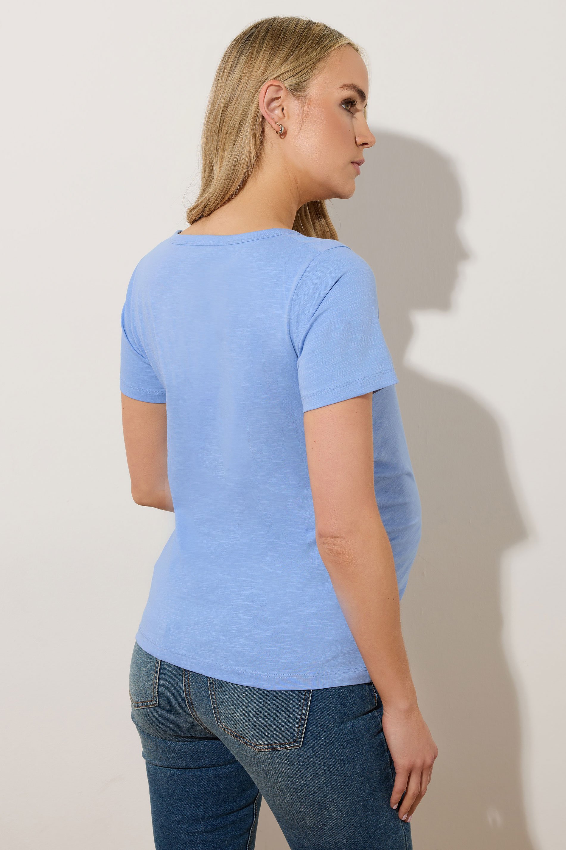 LTS Tall Premium Maternity Blue Cotton Placket Button T-Shirt | Long Tall Sally 4