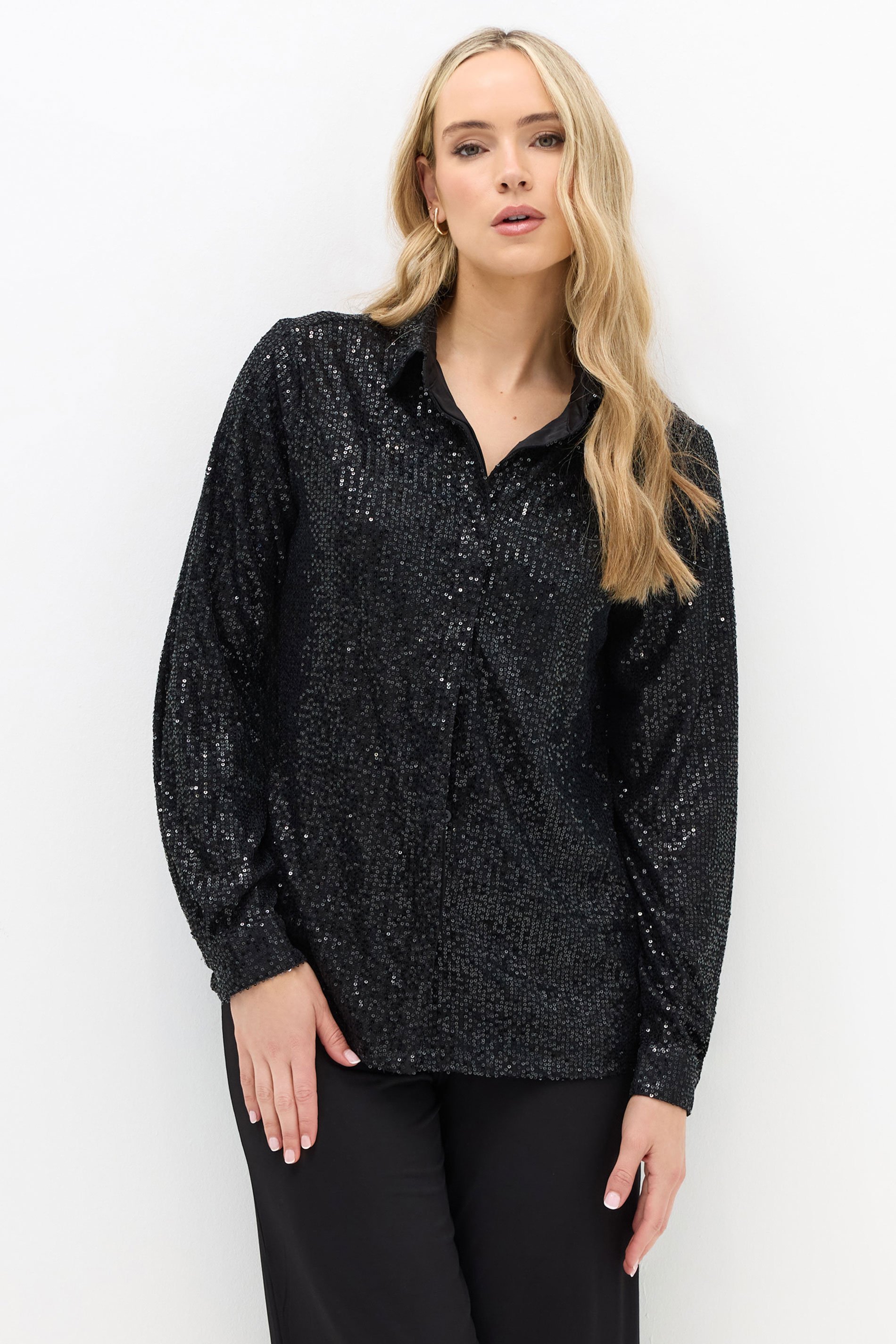 LTS Tall Black Sequin Embellished Shirt | Long Tall Sally 1