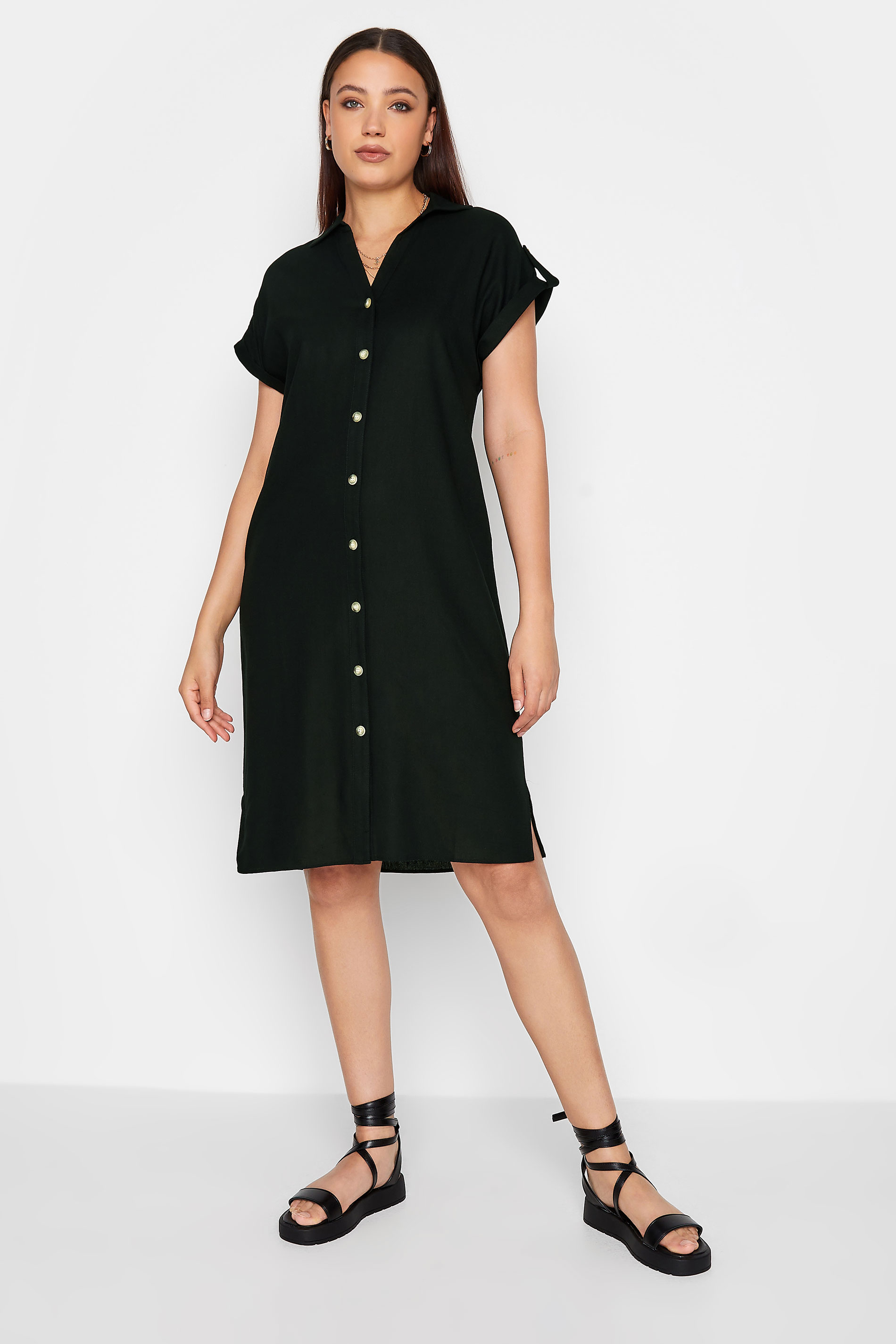 LTS Tall Women's Black Linen Look Button Through Shirt Dress | Long Tall Sally  1