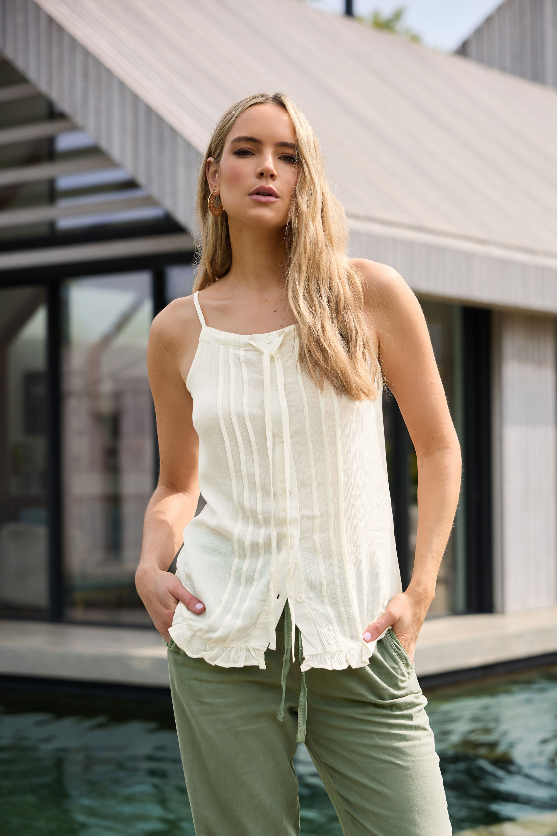 LTS Tall Ivory White Crinkle Button Vest Top | Long Tall Sally 1