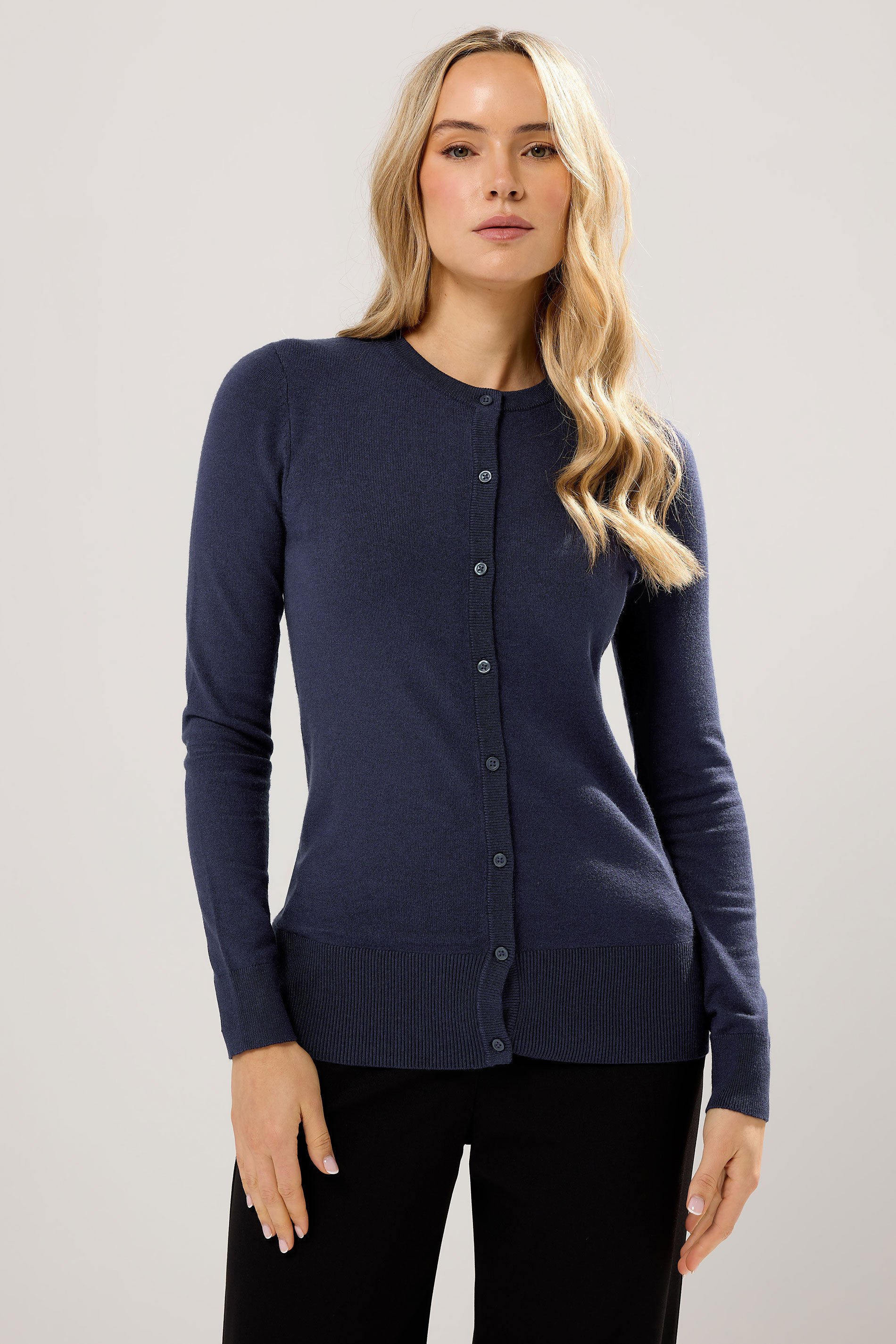 LTS Tall Navy Blue Crew Neck Button Cardigan | Long Tall Sally 1