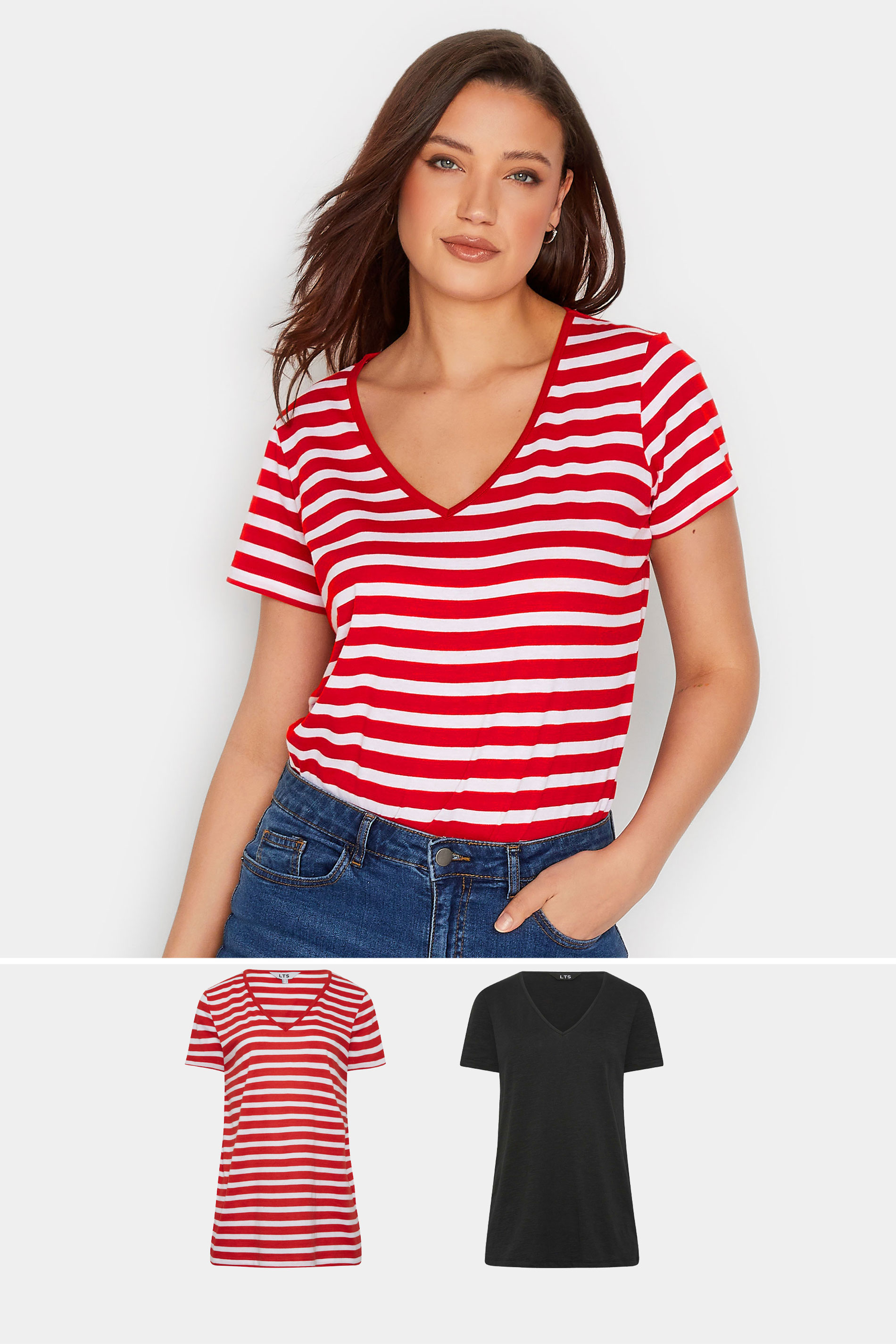 LTS Tall Womens 2 PACK Red & Black Stripe V-Neck T-Shirts | Long Tall Sally 1