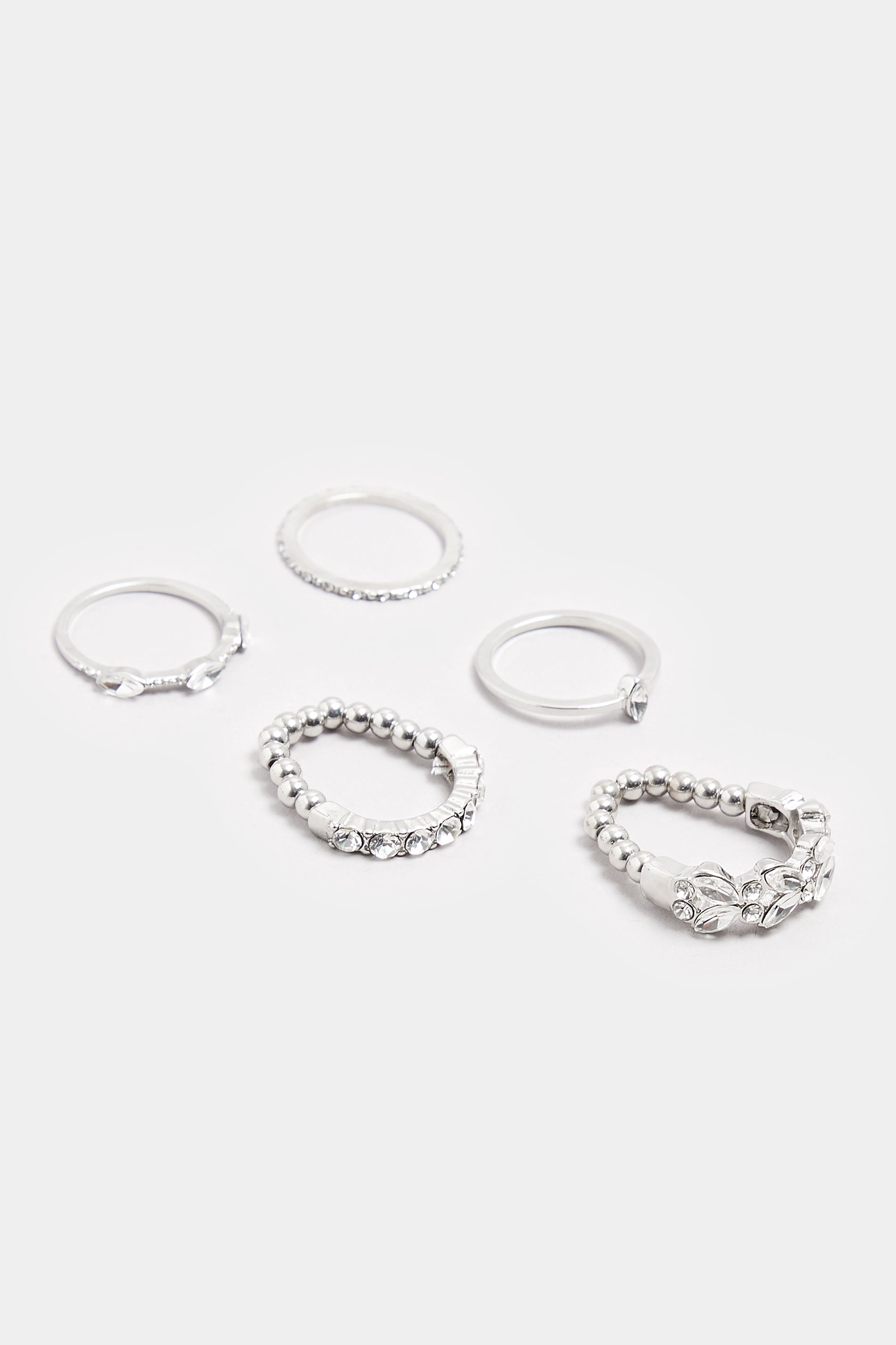 5 PACK Silver Tone Diamante Stretch Ring Set | Yours Clothing 2