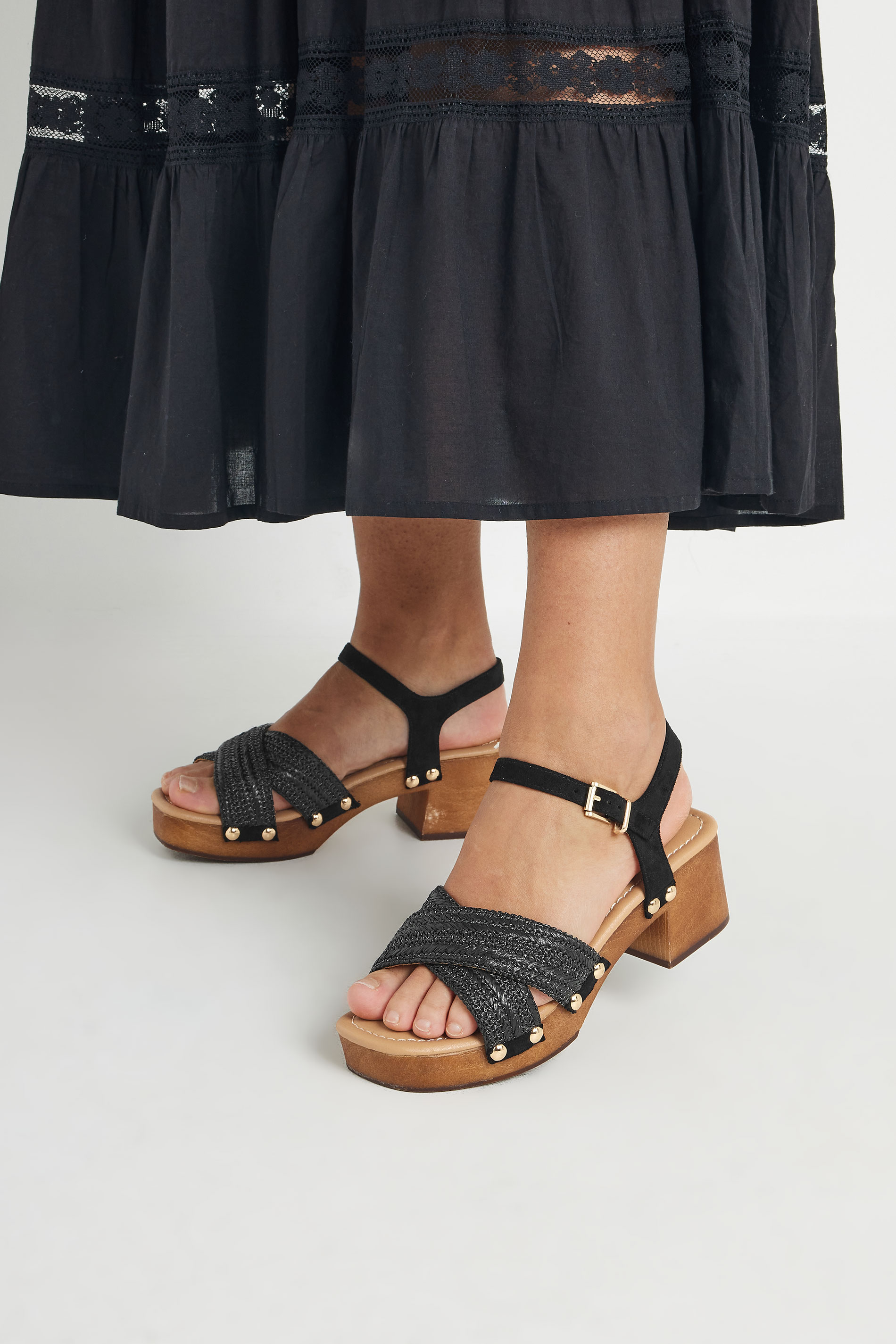 Black Cross Over Platform Wooden Clog Sandals In Wide E Fit | Yours Clothing 2