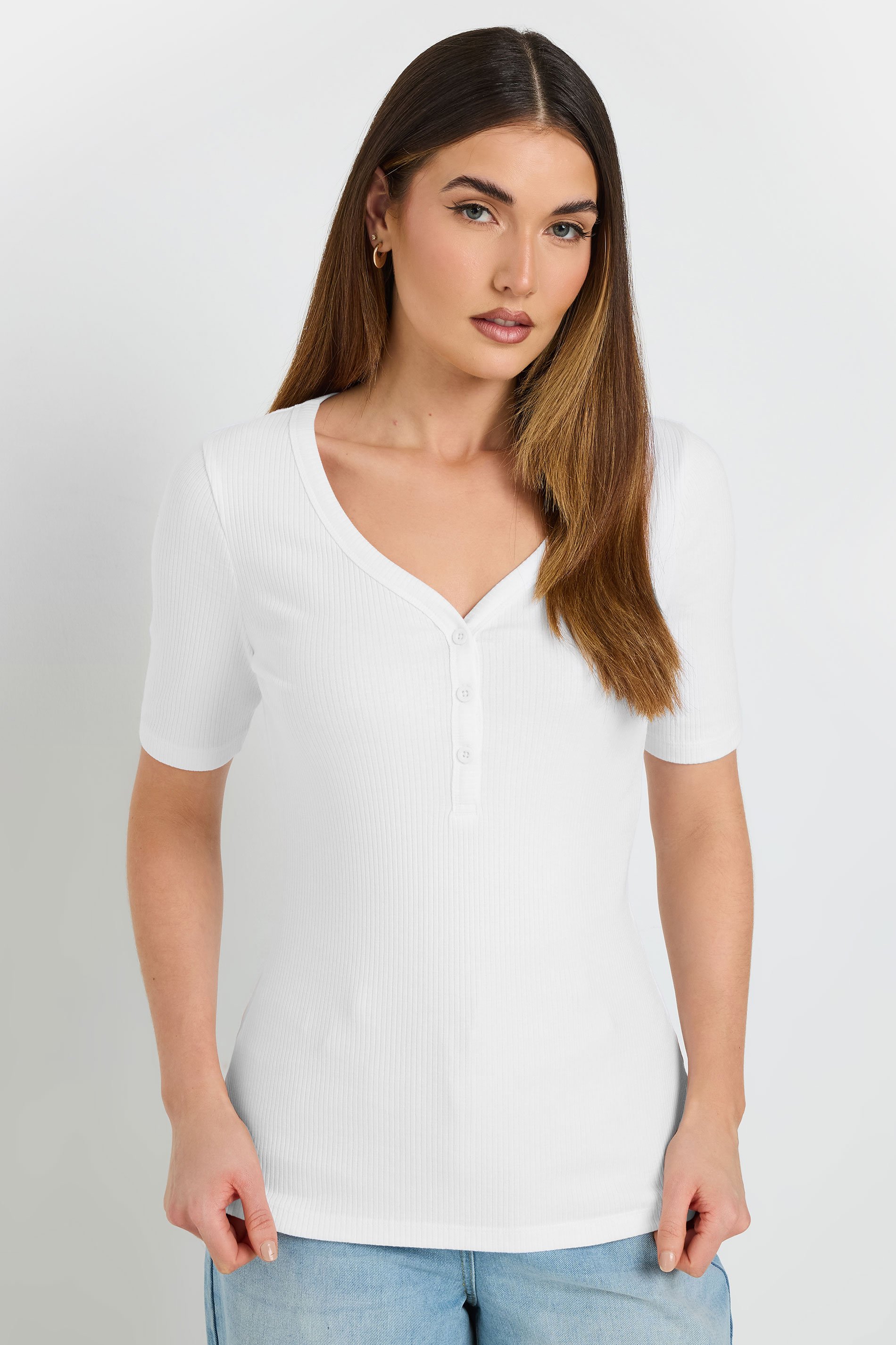 LTS Tall White Ribbed Short Sleeve Henley Top | Long Tall Sally 2