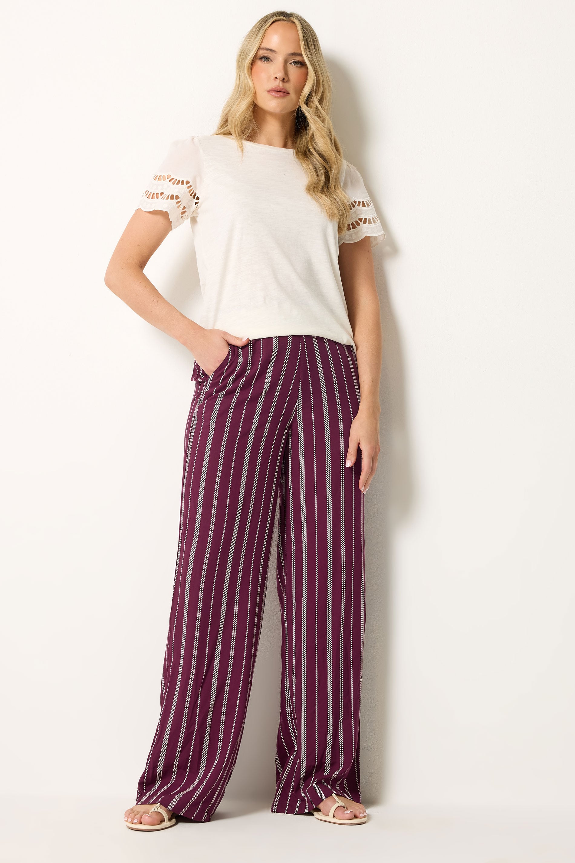 LTS Tall Women's Burgundy Red Rope Stripe Wide Leg Trousers | Long Tall Sally 3