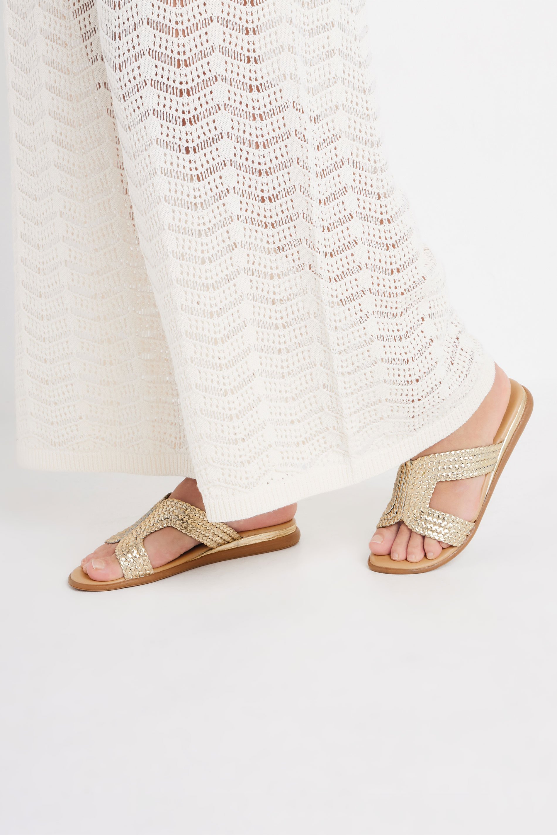 Gold Leather Woven Wedge Mule Sandals In Extra Wide EEE Fit | Yours Curve 1