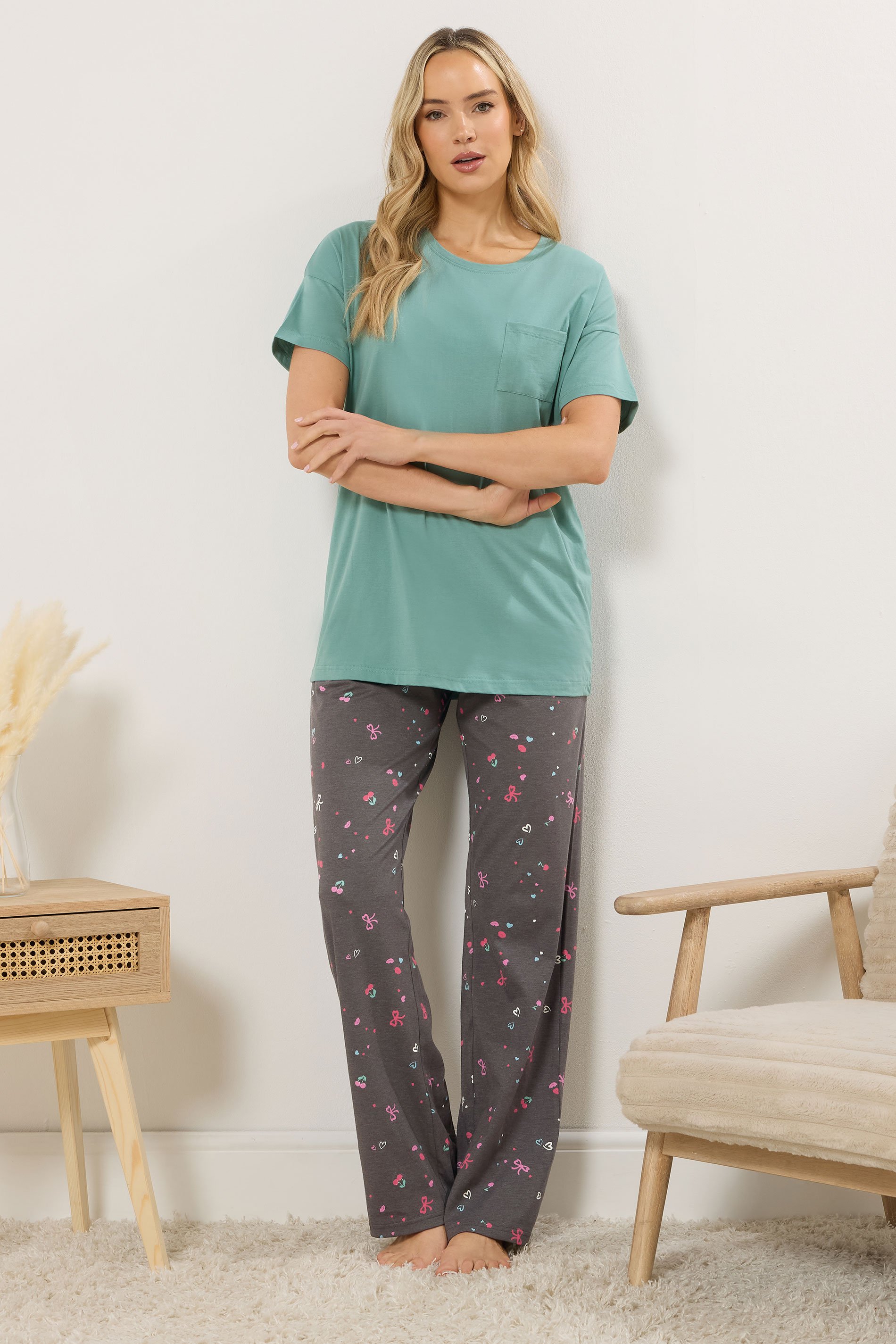 LTS Tall Women's Mint Green Cherry & Bow Print Pyjama Set | Long Tall Sally 1