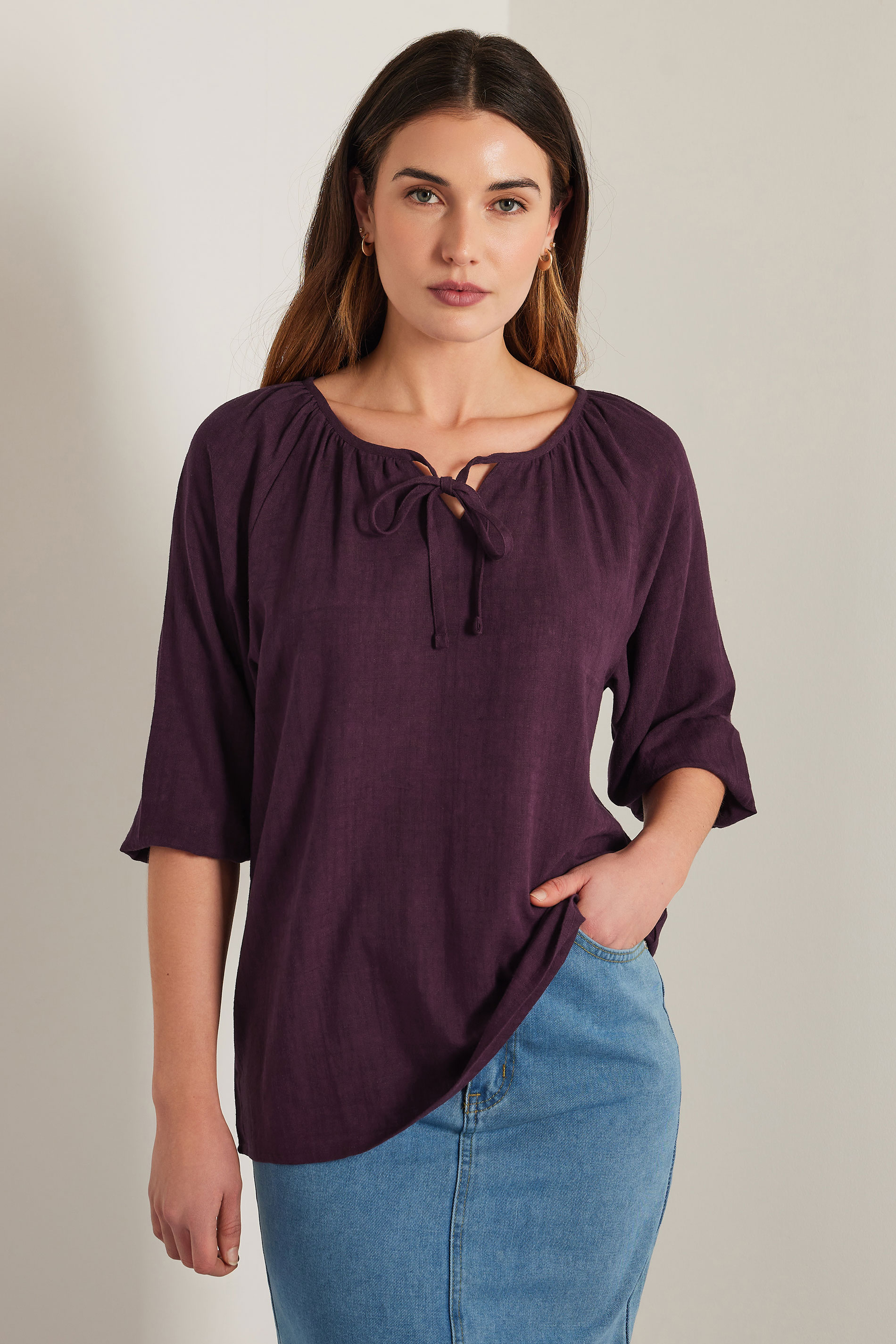 LTS Tall Dark Purple Linen Tie Front Top | Long Tall Sally 6