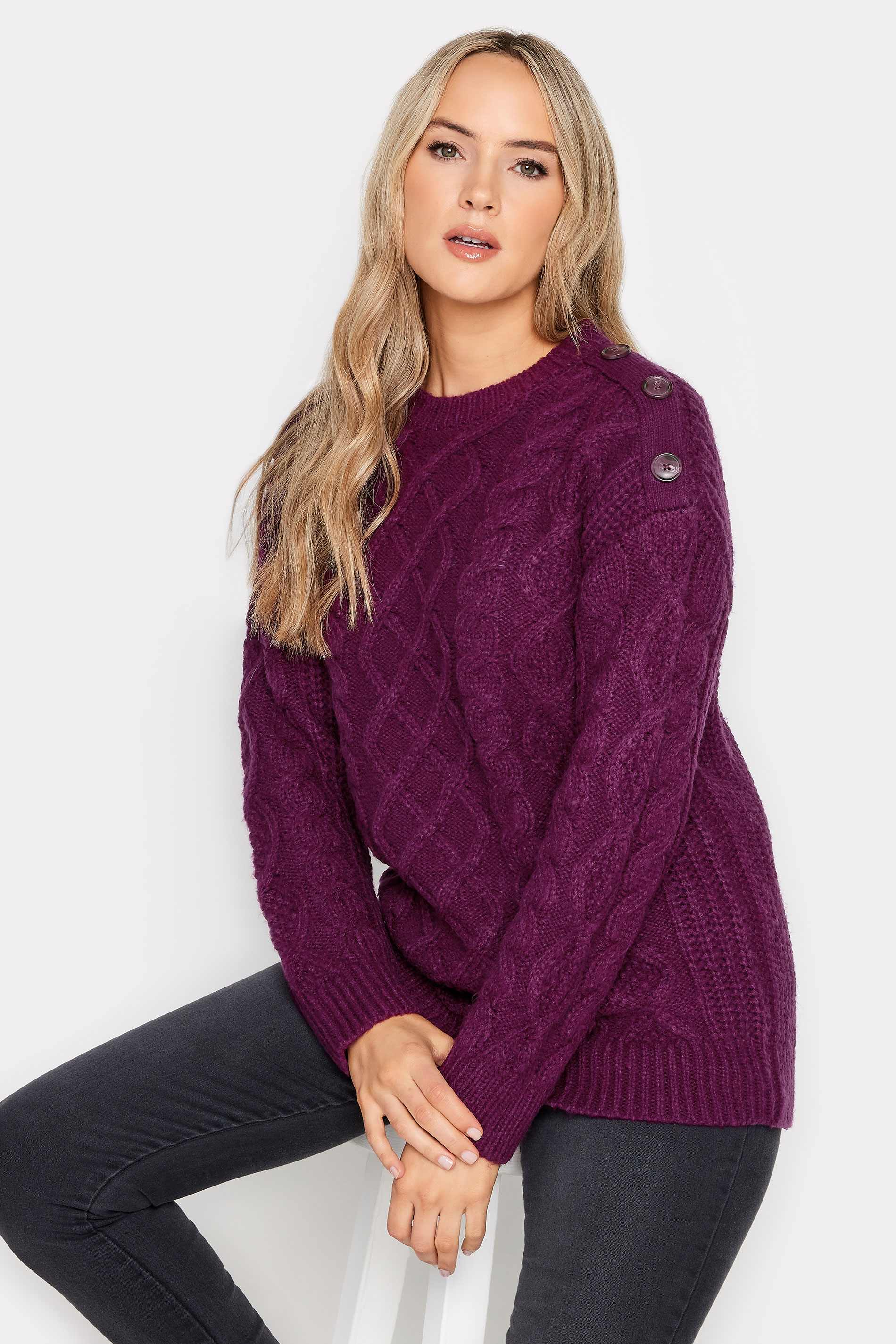 LTS Tall Womens Dark Purple Cable Button Scoop Neck Jumper | Long Tall Sally  1